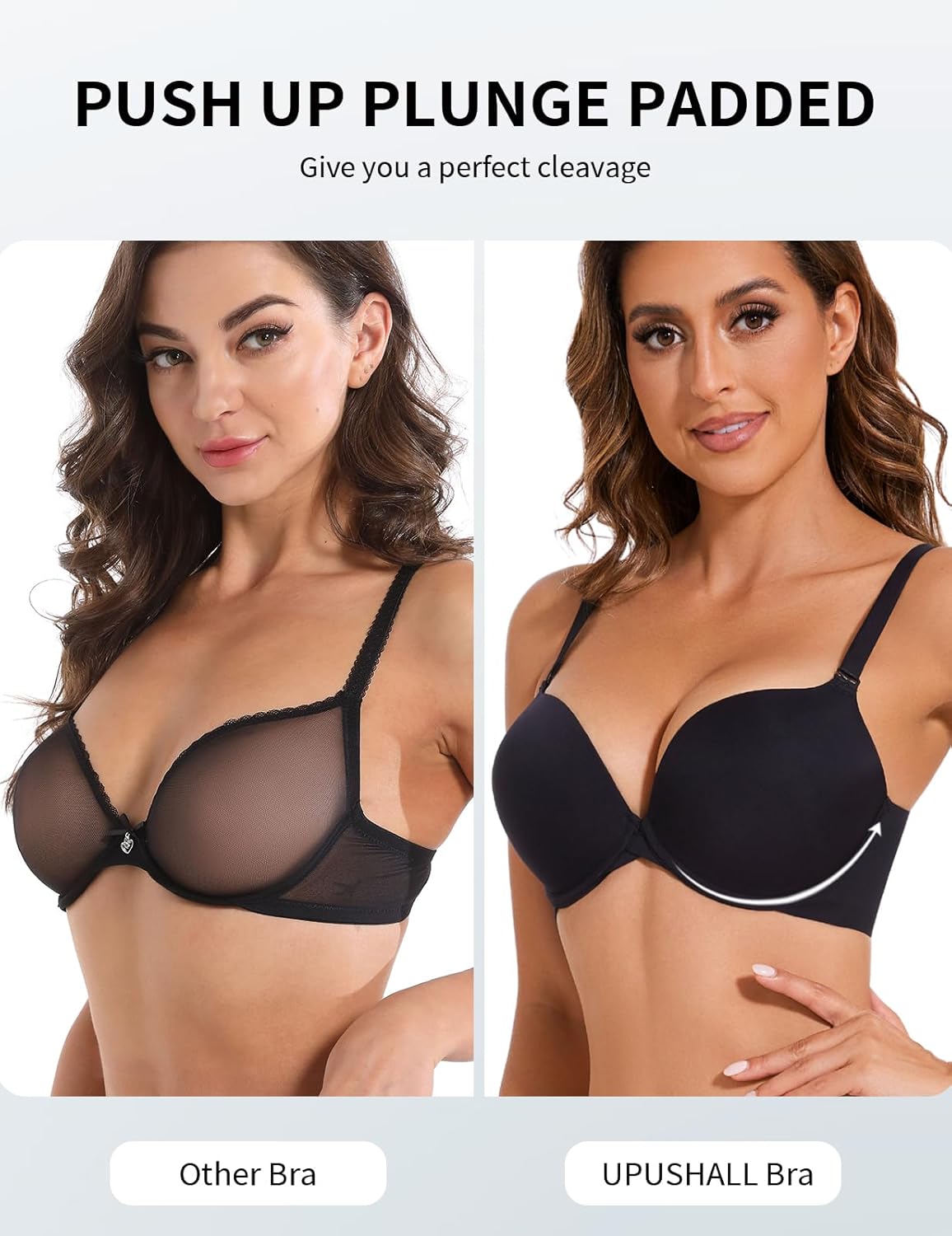 Push Up Padded Plunge Bra Add Cup Size Seamless Underwire T-Shirt Deep V Bras for Women - Image 4