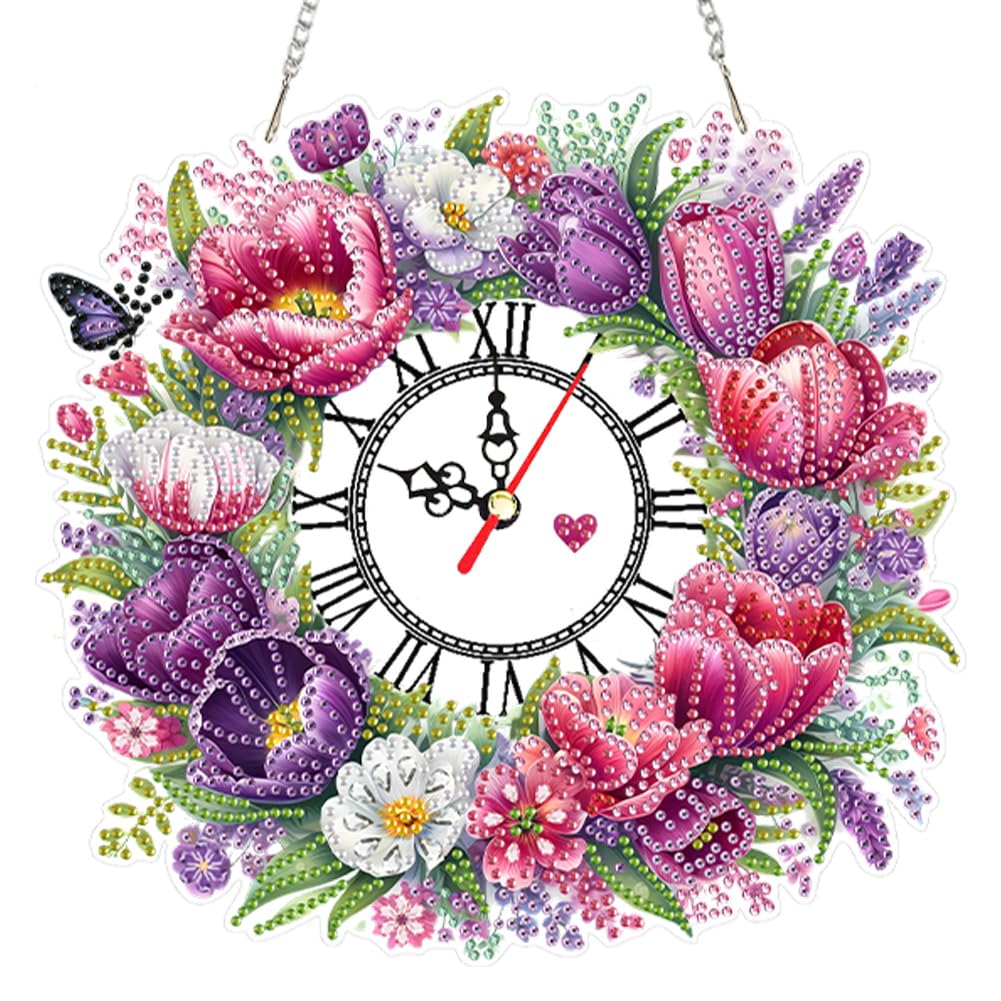 Fiorky O 5D Diamond Art Rnaments Clock Kit, Acrylic Special Shape Flower Butterfly Diamond Painting Wreath Clock Art Craft Diamond Painting Clock Handicraft Living Room Decoration