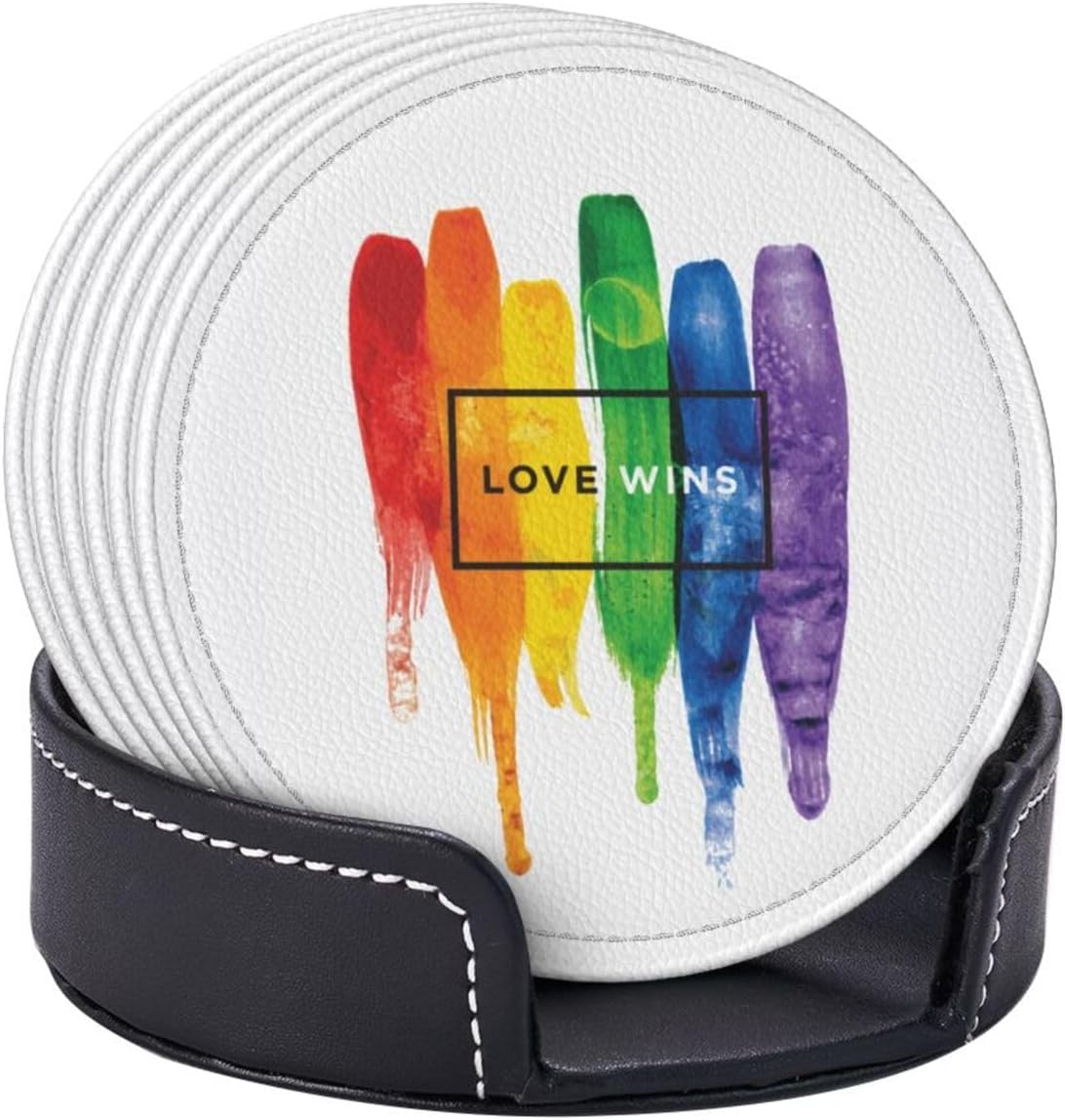 6 Pcs LGBT Gay Pride Coasters with Holder Rainbow Round Coasters Drink for Kitchen Dining Home Table Decor