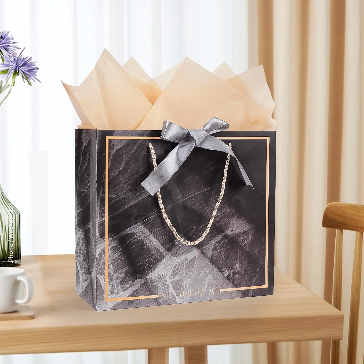 Gfractolux Large Gift Bags, 1 Pack Gift Bags with Tissue Paper and Cards, Gift Bags with Handles for Birthdays, Baby Shower, Weddings, Party Favor, Holiday Presents, Anniversary(Marble Black) image 2