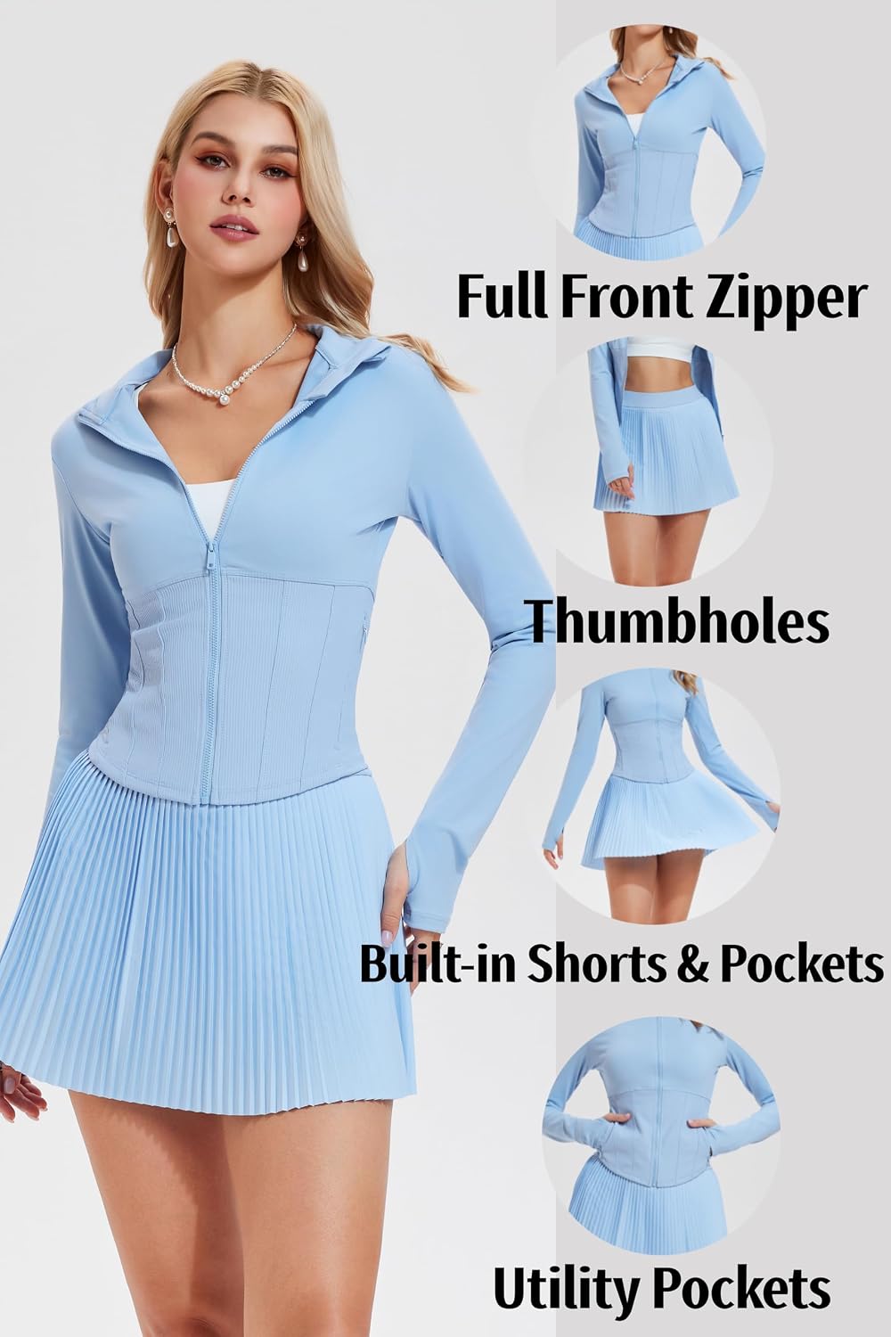 AFZ Two Piece Tennis Skirts Set for Women Long Sleeve Zip Up Workout Jacket with Pleated Mini Skirt Golf Pickleball Outfits