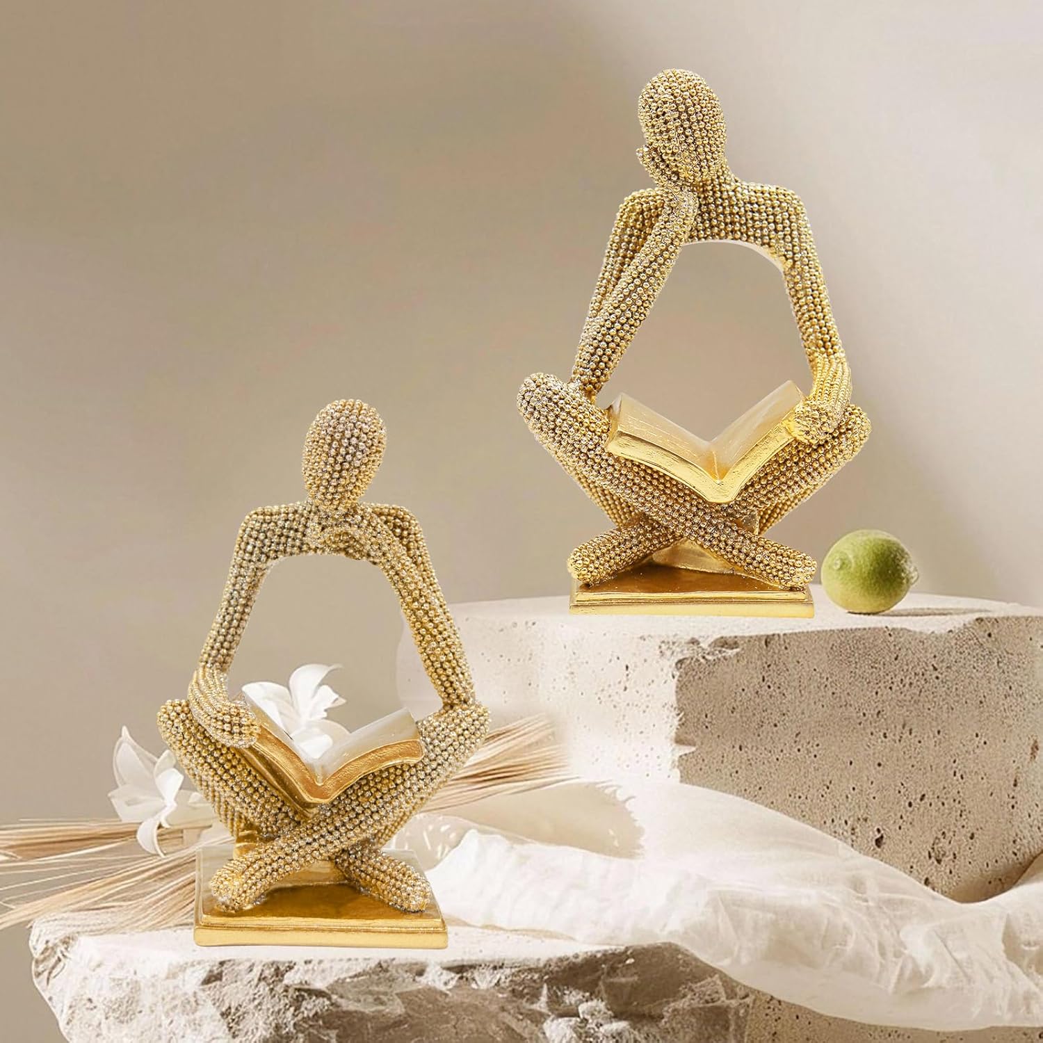 Sparkling Gold Reading Women Statue Set, Thinker Sculptures, Abstract Art Ornament, Modern Aesthetic Figurine Decoration for Home Living Room Bedroom Office Shelf Table Desk Bookshelf Decor