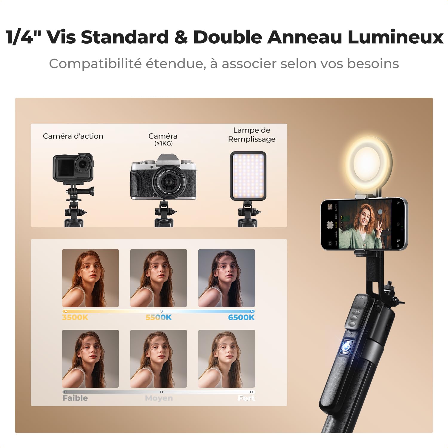 K&F Concept 52mm Clip Filtre Polarisant CPL + Perche Selfie 180CM Trépied de Suivi AI 360°