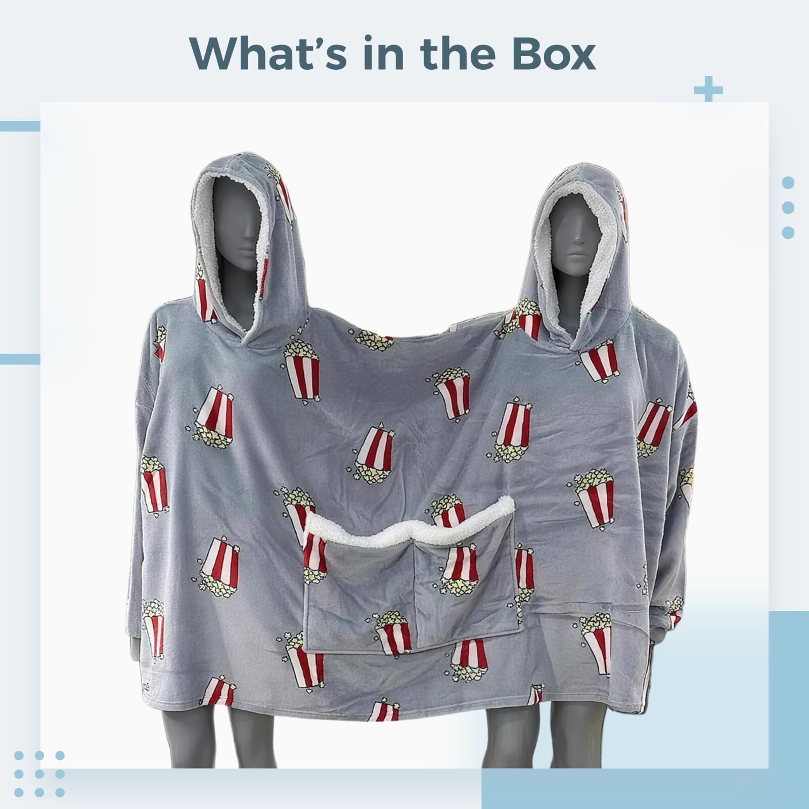 Coperta con cappuccio e tasca condivisa, felpa con doppio cappuccio con stampa popcorn, pigiama abbinato, regalo per coppie o amici