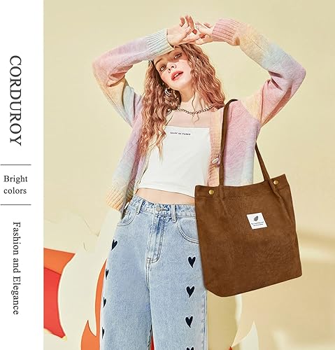 Vista 194 de Tote - Bolsa de hombro reutilizable de pana de gran capacidad con bolsillos interiores para mujeres y niñas Rayas