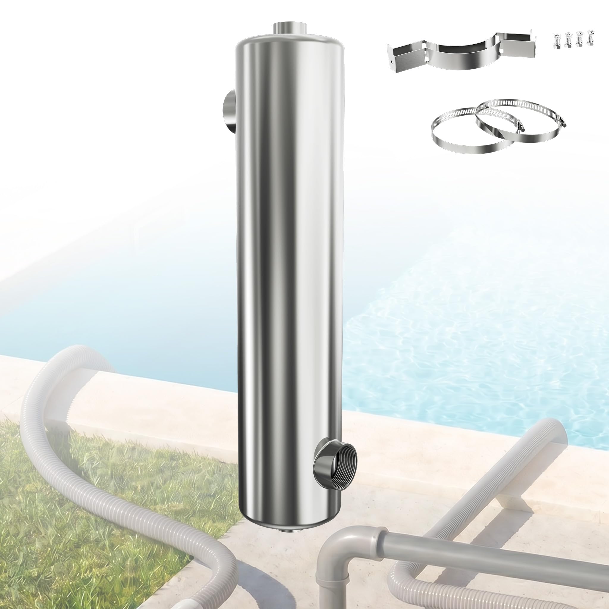AufuN 60kW Pool Wärmetauscher Edelstahl Schwimmbad Heizung Wärmetauscher für Pool, Spa Whirlpool Hochleistungs Poolheizung ohne Strom 57 x 12 cm für Salz und Süßwasser