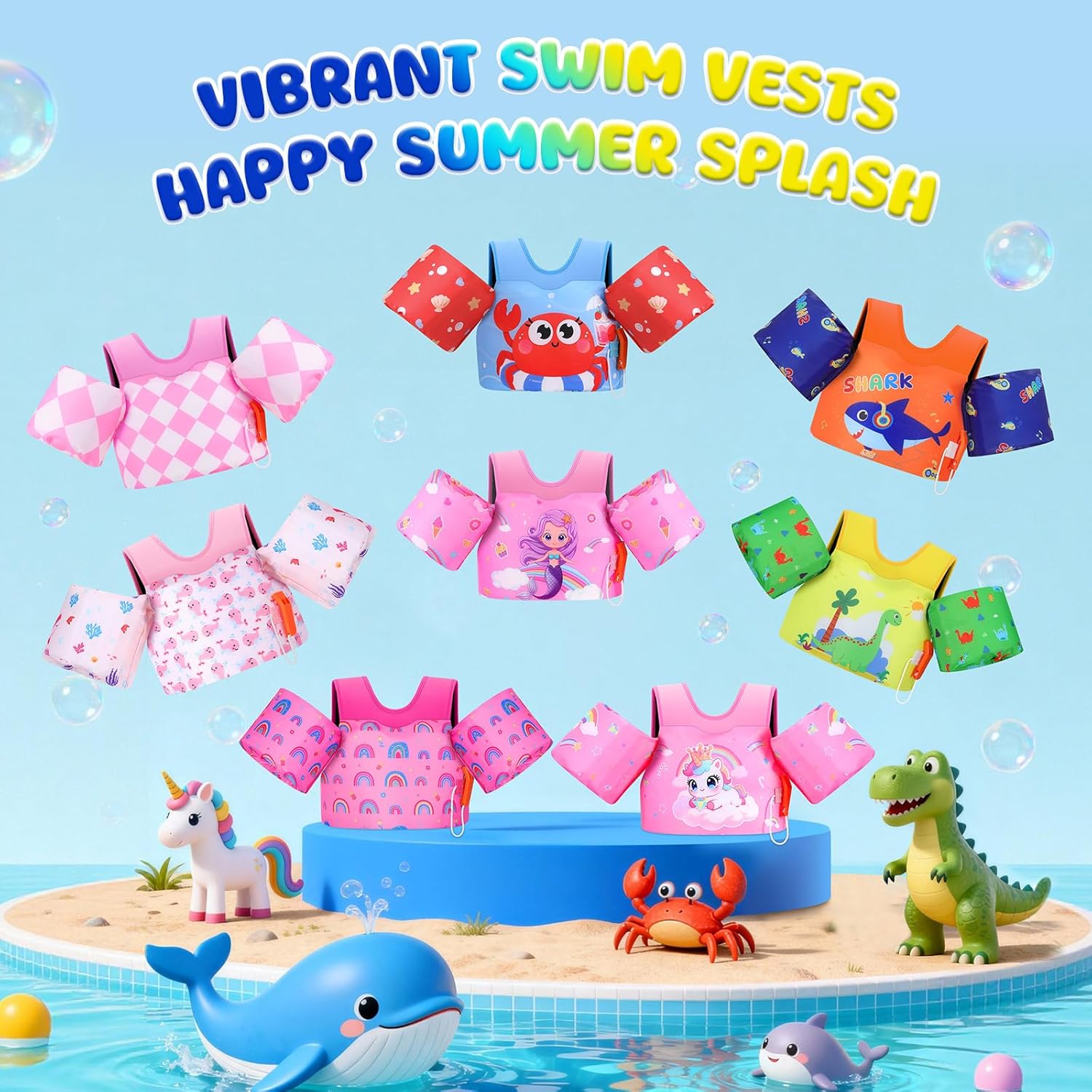 MoKo Toddler Swim Vest for Kids 13-30/20-50/22-66lbs, Swim Arm Floaties Cartoon Swimming Water Wings Pool Float Vests Sleeves Shoulder Straps Arm Band for Children Learn to Swim