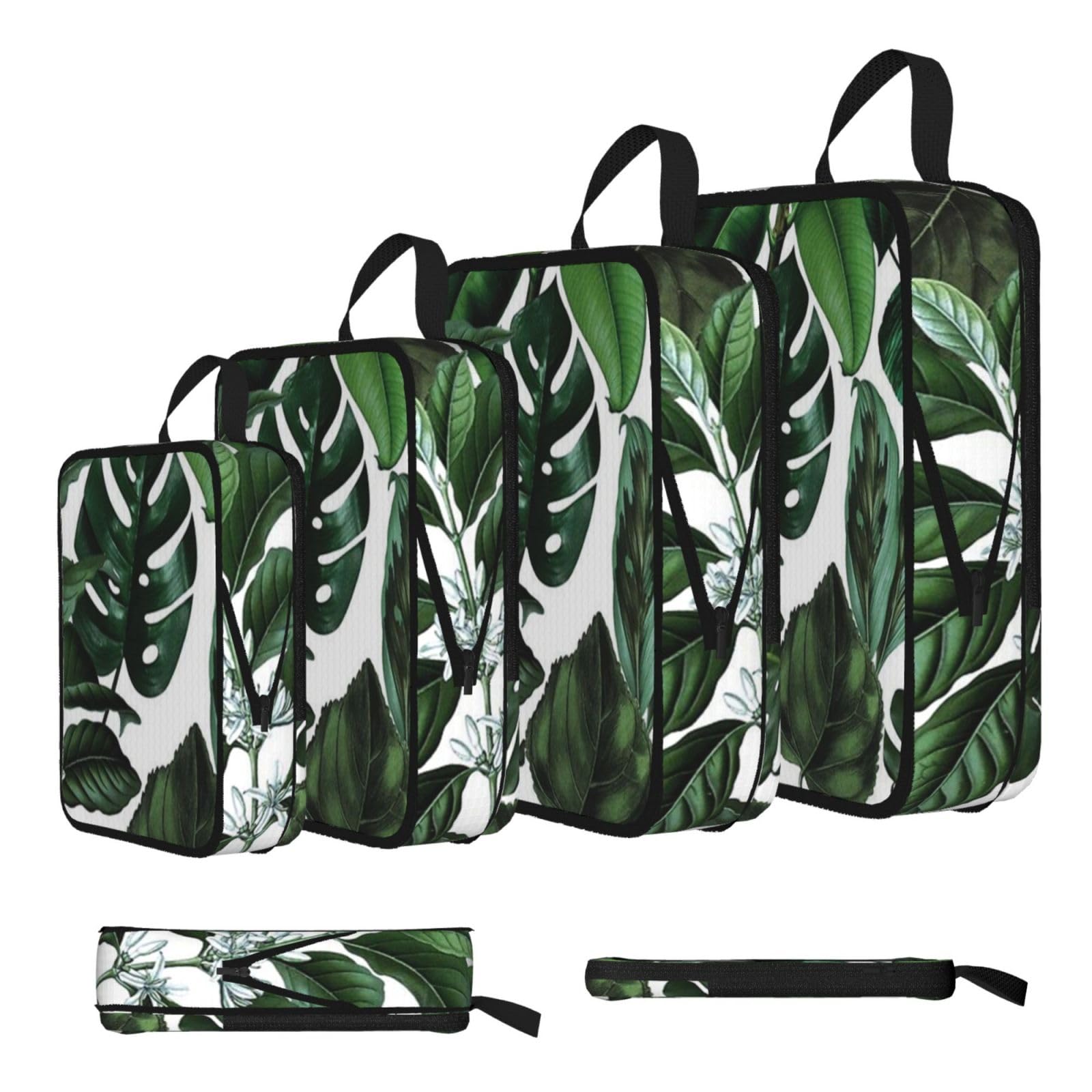 Tropical Leaves Print 4 Set Compression Packing Cubes For Suitcases,Expandable Storage Bags Organizers