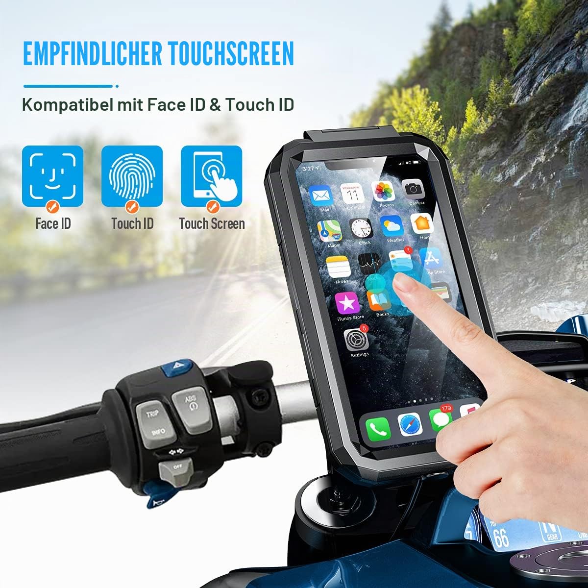Wasserdicht Handyhalter Fahrrad, Motorrad Handyhalterung Abnehmbare, 360​​° Drehbarem Lenker Halter für Smartphone 5.5 – 6.8 Zoll, Anti-Vibration, Touch ID und Face ID (L)