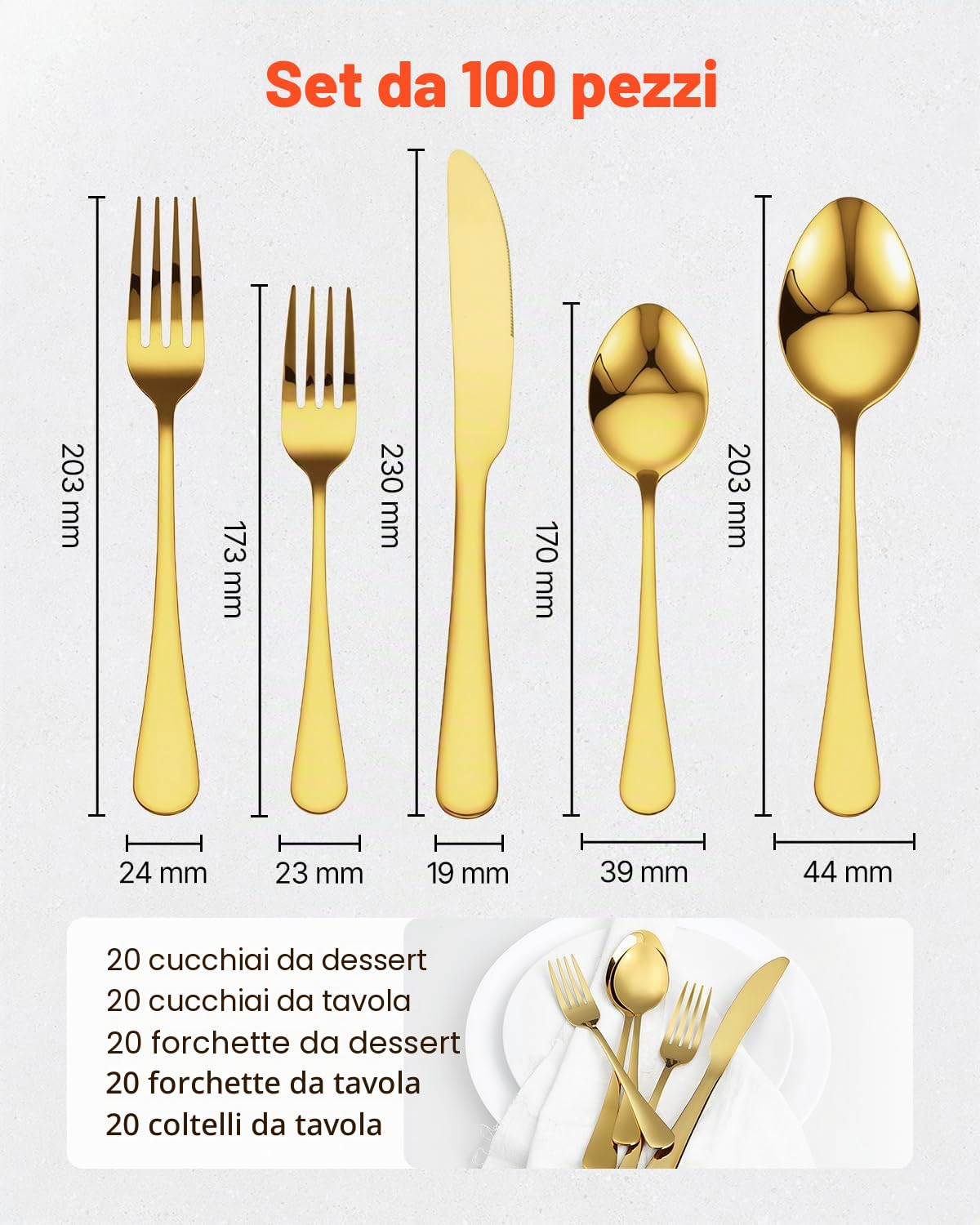 VEVOR Set di Posate in Acciaio Inossidabile per Uso Alimentare, Set Posate Altamente Lucide, Stoviglie in Lavastoviglie, Servizio 20 Persone, Coltello Forchetta Cucchiaio 100 Pezzi in Oro