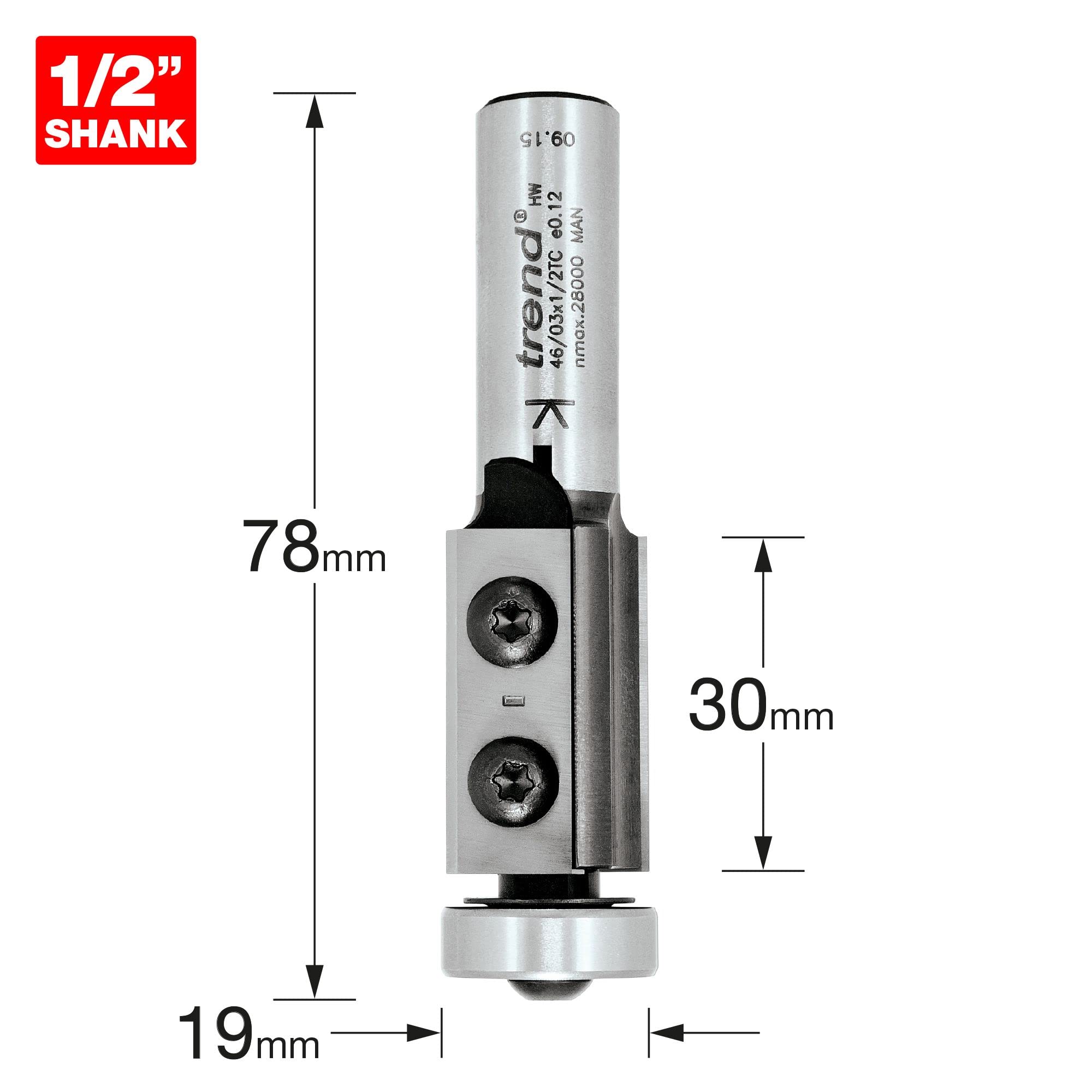 Trend Professional Rota-Tip Trimmer Router Cutter, 1/2 Inch Shank, 19mm Cut Diameter & 30mm Cut Length - Image 3