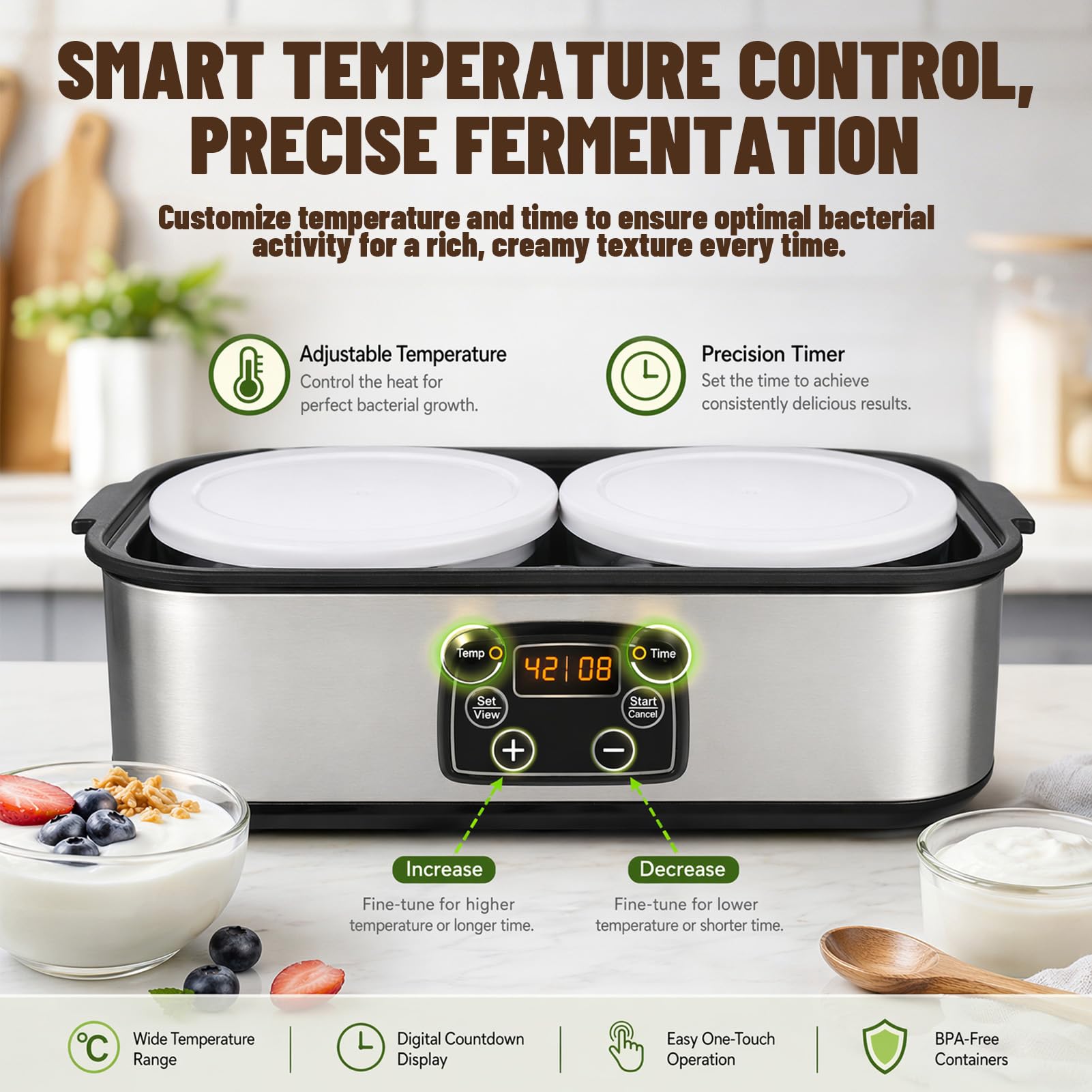 Elektrische Joghurtmaschine 2L, Automatischer Joghurtbereiter mit Einstellbarer Temperatur und Digitalem Timer, Yogurt Maker mit 2 Glasbehälter für DIY Selbstgemachten Joghurt, Käse, Reiswein, Natto