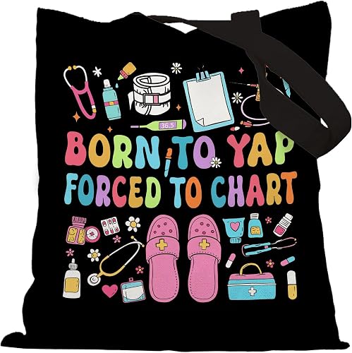 Funny Nurse Tote Bag, Nurse Gifts for Women Canvas Tote Bags, Nurses Appreciation Gifts, Born to Yap Forced to Chart Trendy Nursing Reusable Grocery Shopping Bags
