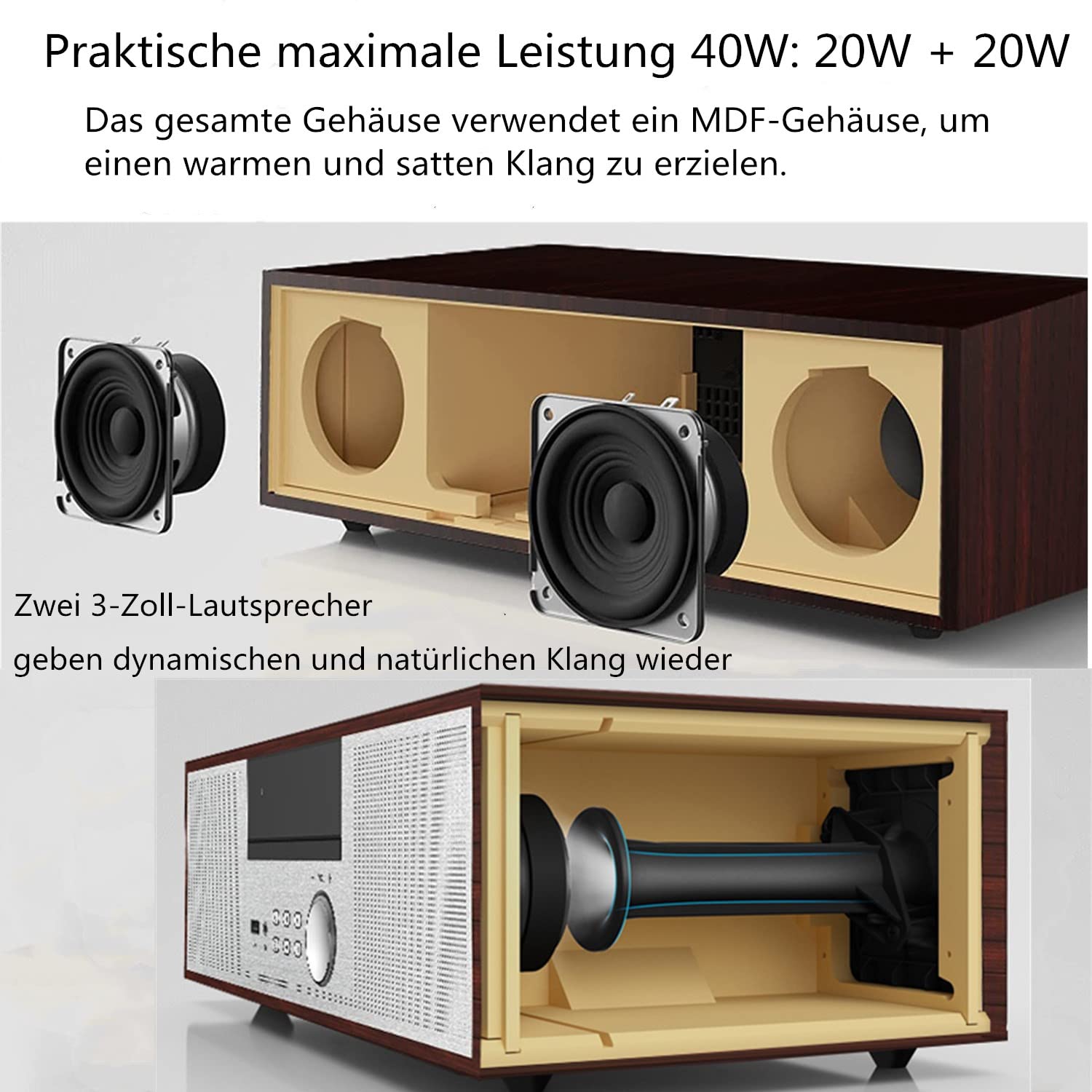 Jahrgang Micro HiFi-System CD-Stereoanlage Mini-Komponente 40W RMS CD-Player UKW/Bluetooth-kompatibel/USB/AUX/Fernbedienung/Kopfhörerbuchse Kompatibel mit hochauflösender Klangquelle,Silber,hölzern