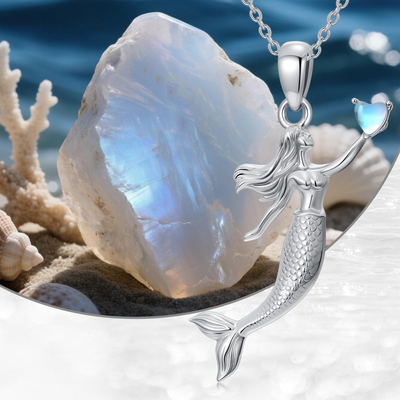 Meerjungfrau-Halskette 925er Sterlingsilber Mondstein Meerjungfrau-Anhänger Schmuck Geschenke für Frauen