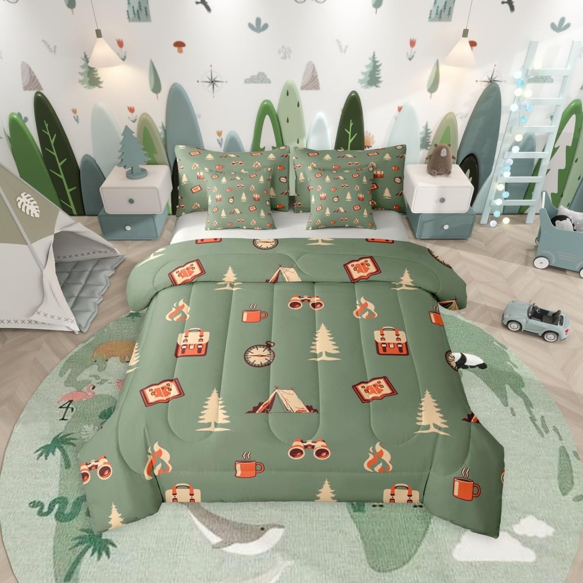 Camper Adventure Theme 7 Pieces Bedding Set Queen Size,Happy Camping Bed in a Bag,Cartoon Tent Travel Bag Bed Set Includes Comforter,Sheet Set,Pillowcases & Pillow Covers,Camping Lover Bedroom Decor