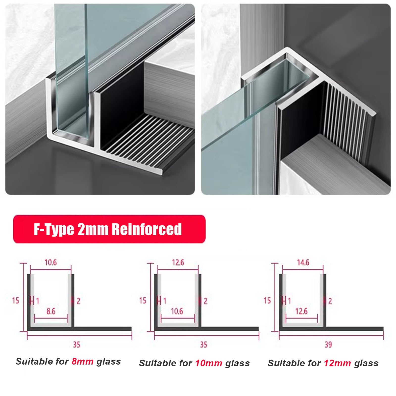 Canal en U de acero inoxidable para cristal de ducha, tira de fijación empotrada para mampara de ducha, perfil de techo y piso de pared