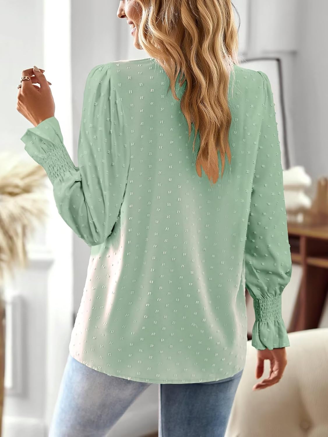 Boho Tops for Women V Neck Blouses Flowy Swiss Dot Dressy Casual Lace Womens Long Sleeve Shirts Trendy 2026 - Image 3