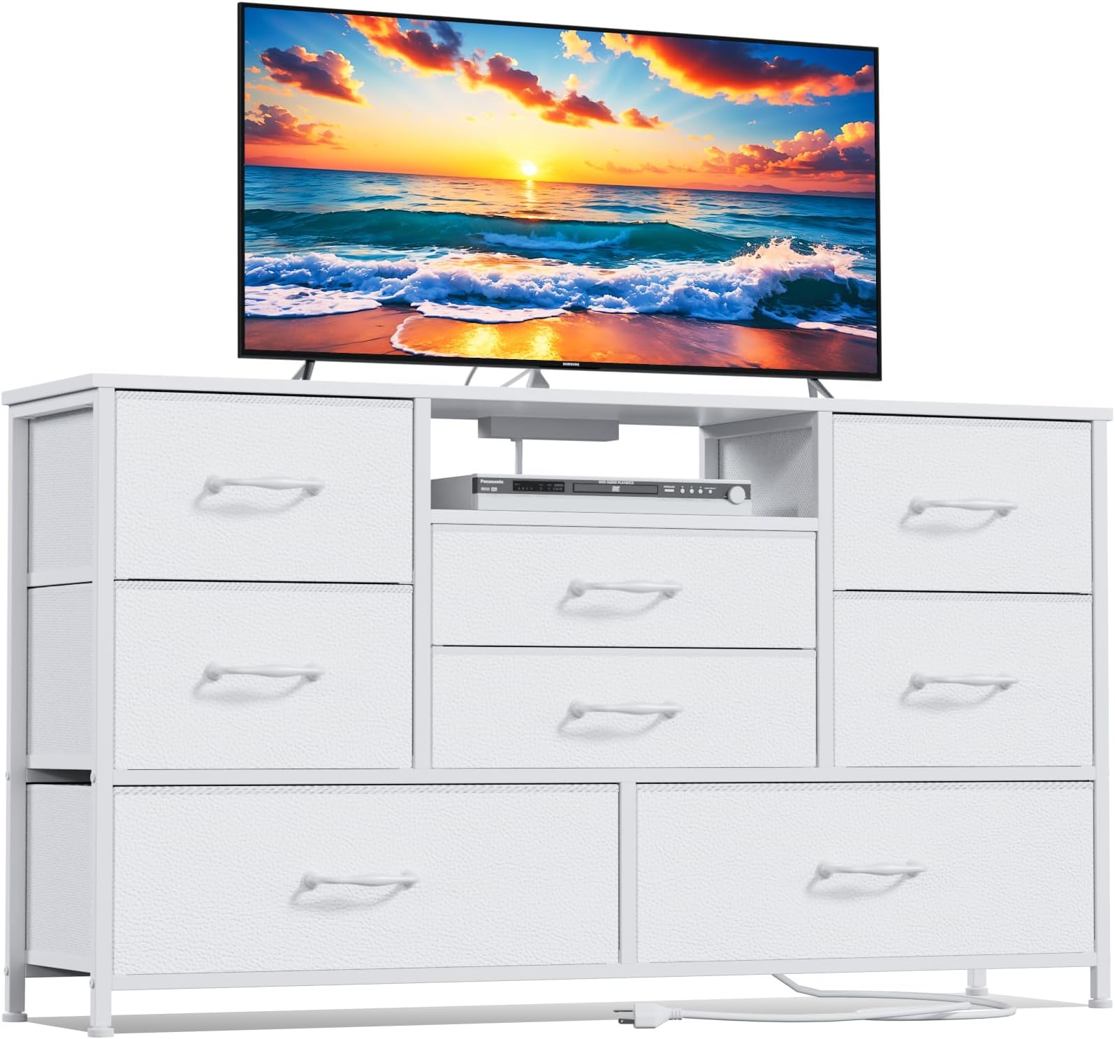 FurnulemWhite Dresser for Bedroom, Wide Chest with Power Outlet for 55" TV Stand Entertainment Center, Deep 8 Drawers for Storage in Living Room,Entryway,Hallway,Closet(White)