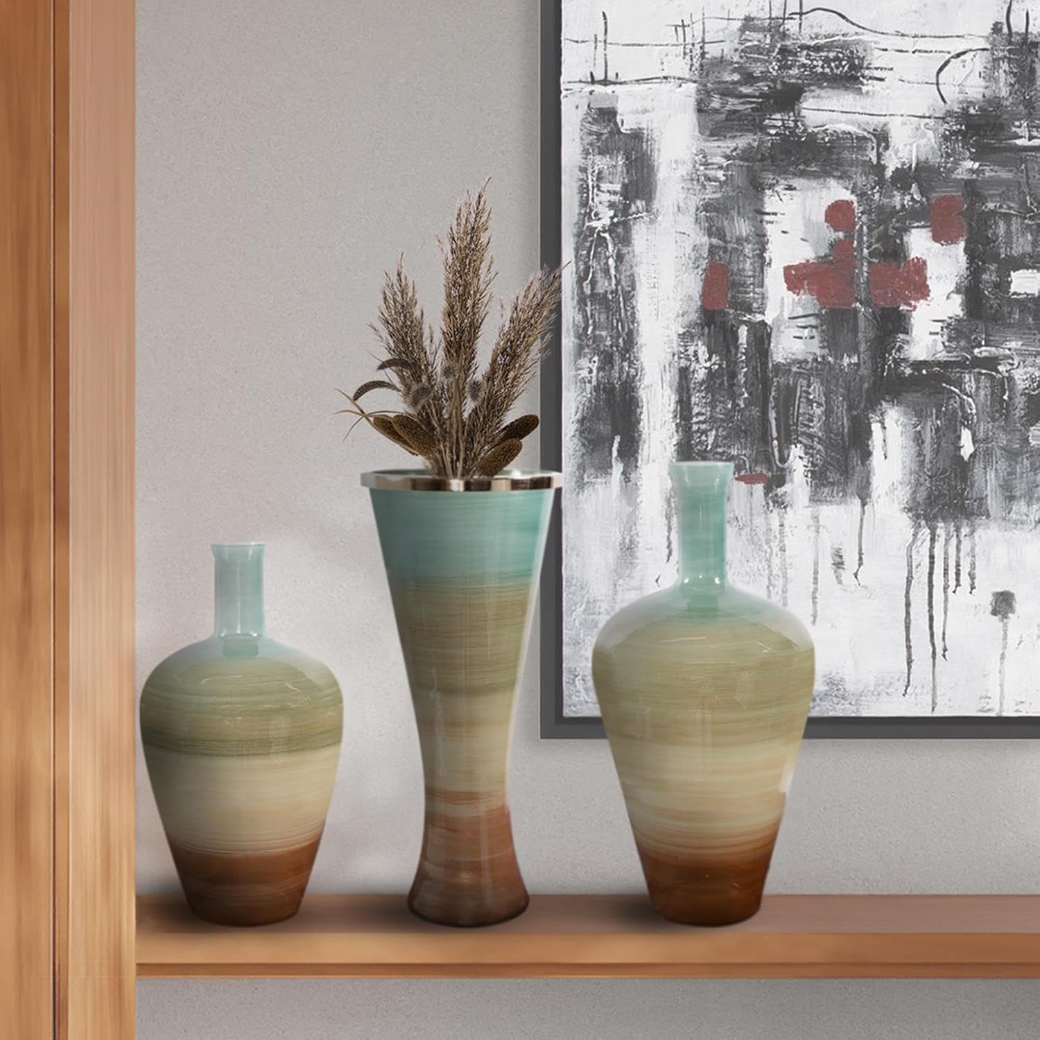 Howard Elliott Collection Multicolor Capri Stripe Flared Glass Vase for Flowers, Modern Abstract Decorative Flared Vase for Weddings, Floral Arrangements & Decoration, Large, 23.75 x 10.5 x 10.5 Inch