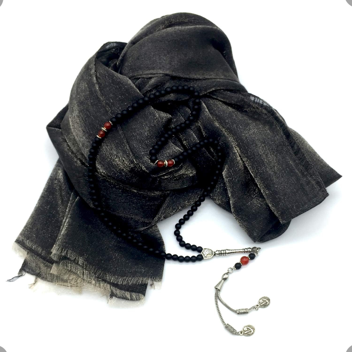 -99 Beads with Scarf -Prayer Beads-Worry Beads-Tesbih-Tasbih-Tasbeeh-Misbaha-Subha-Sibha-Rosary (FLIPFLOPPING Black Shawl &Black Matte Agate -8 mm- Beads)