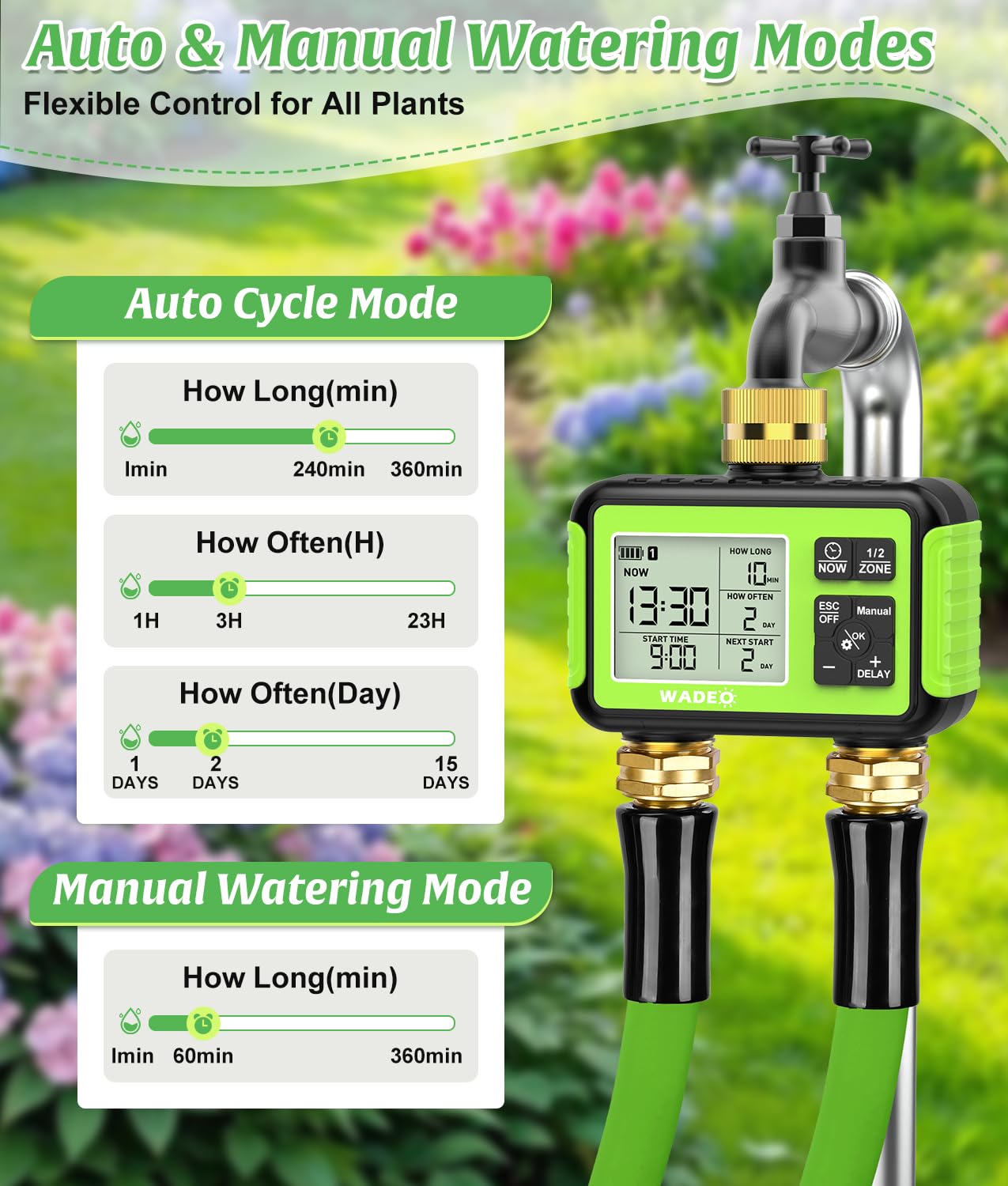 Timer irrigatore con uscita di ingresso in ottone per tubo da giardino, timer per tubo dell'acqua da esterno a 2 zone con ritardo della pioggia/auto/manuale/blocco bambini, controller di irrigazione a