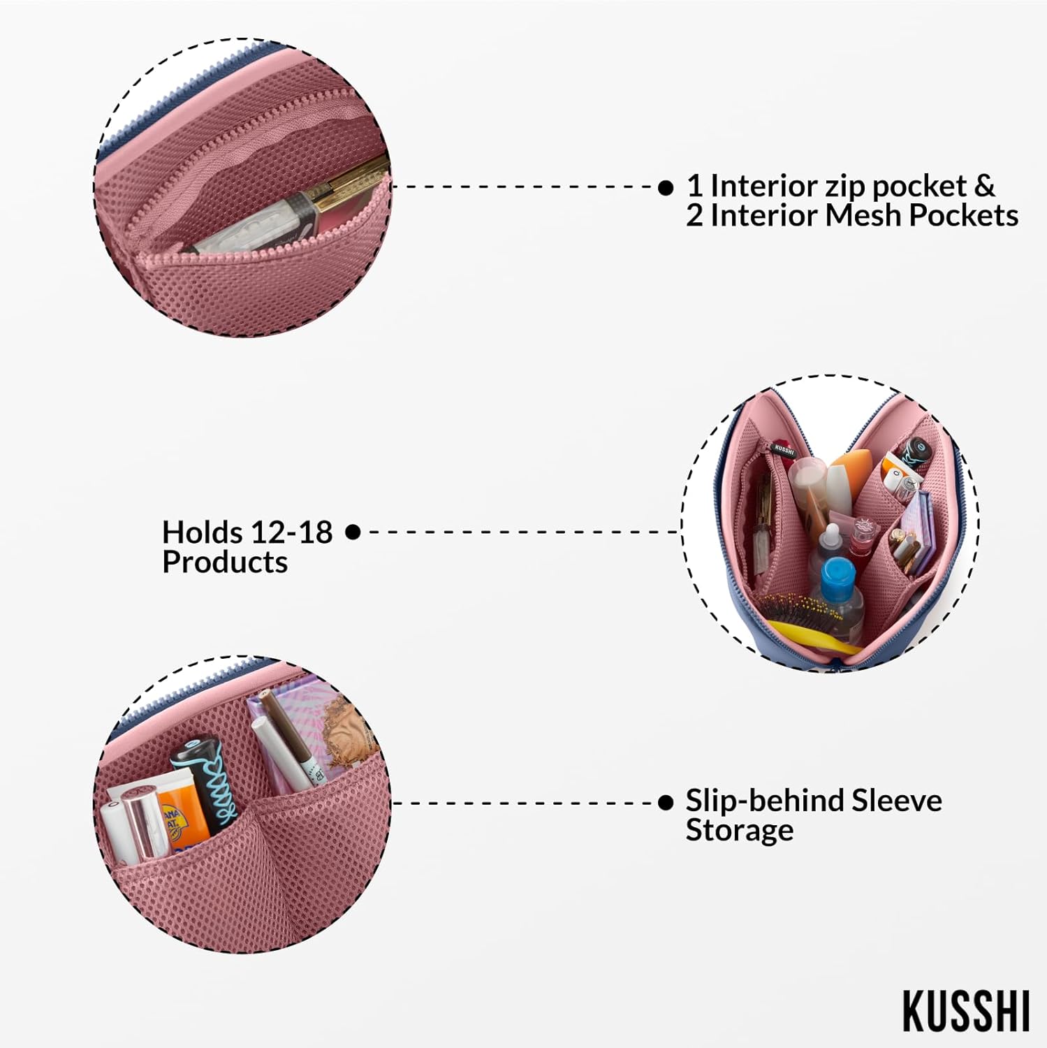 KUSSHI Neoprene Makeup Bag - Washable Makeup Bag for Stress Free Travel (Pearl Blue/Sand Pink) - Image 3