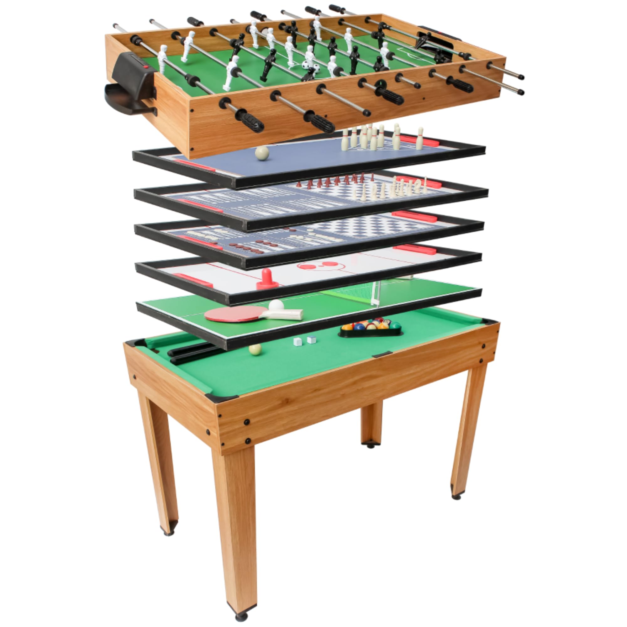 DEVESSPORT Multijuegos 7 en 1 Madera con Accesorios Incluidos | Mesa de Juegos con Futbolín, Billar, Ping Pong, Air Hockey y Más | Diseño Robusto y Elegante para Niños +8 Años