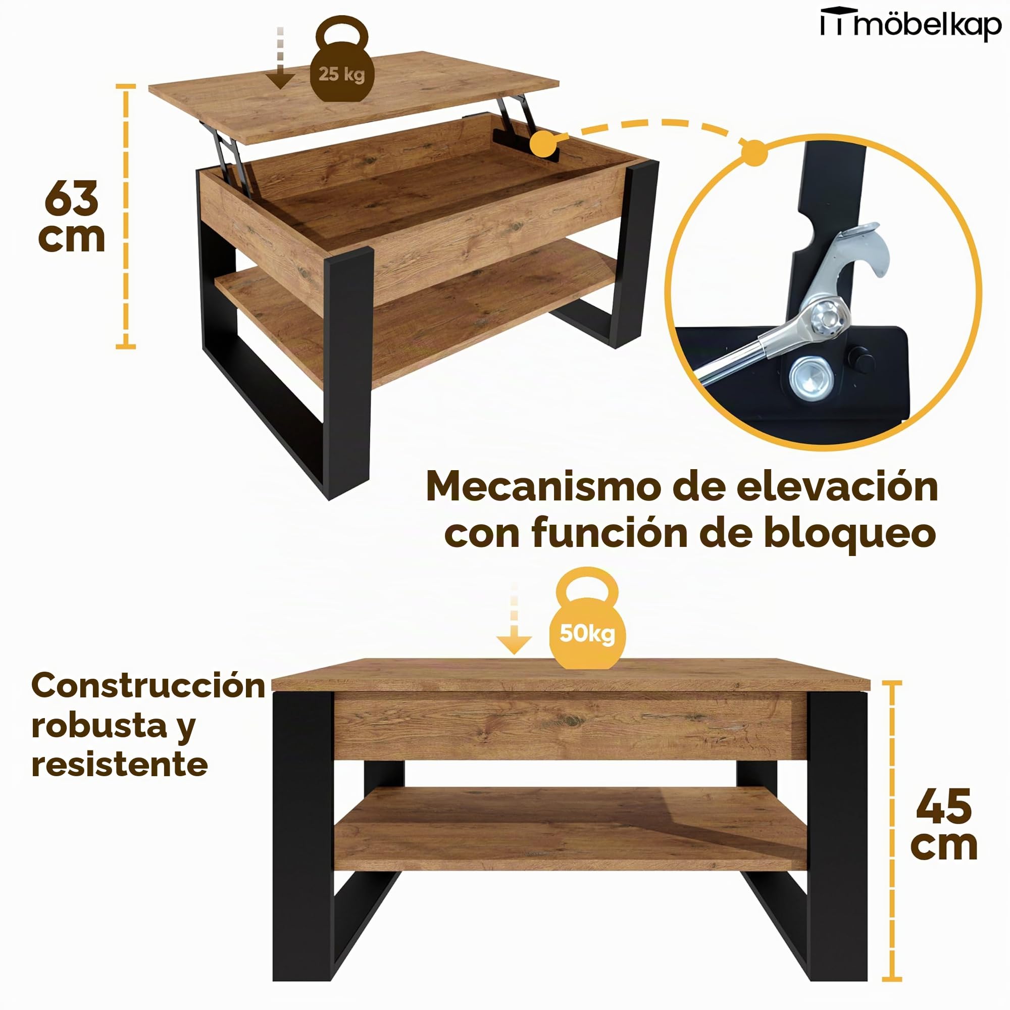 Mesa de Centro elevable | Mesa de salón Regulable con Almacenamiento | Roble Lancelot Negro con Estante y Compartimento Oculto