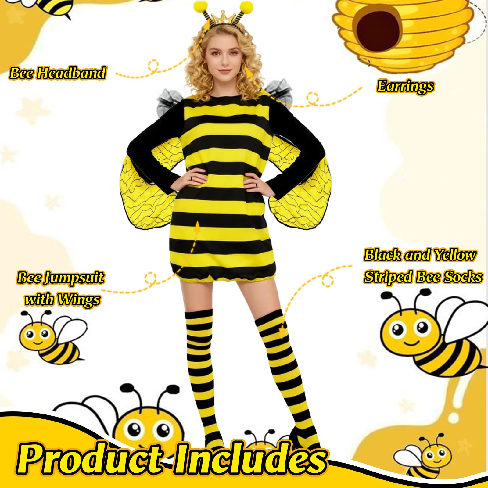 Bee Costume Women Bumblebee Fancy Dress Halloween Costume with bee Dress with Bee Wings Headband Knee-high Socks Earrings Fancy Dress Women for Role Playing World Book Day Halloween Christmas Carnival - Image 4