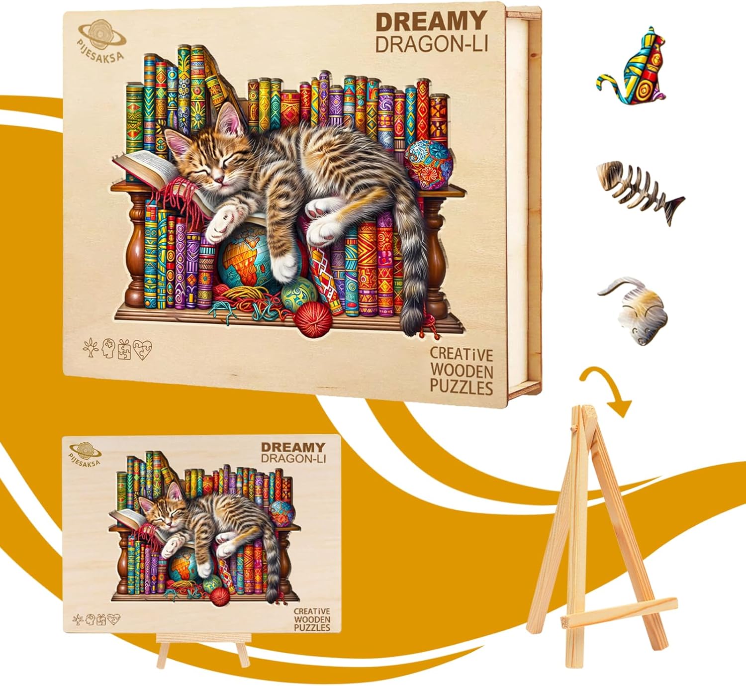 Wooden Puzzles for Adults, Snoozing Cat Wooden Jigsaw Puzzles for Adults, Library Kitten Wood Puzzles Adult, Unique Animal Shape, Gifts for Cat Lovers & Friends, Home Decor (XL -17.3 * 14in -450 pcs)