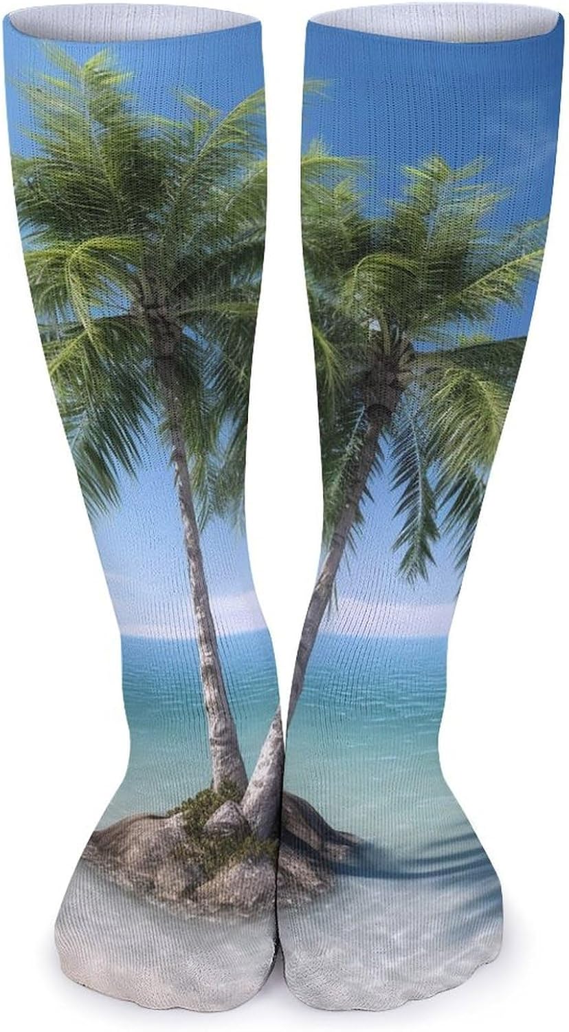 5 Pairs Knee High Socks Sea Palm Trees Long Tube Boot Seamless Toe