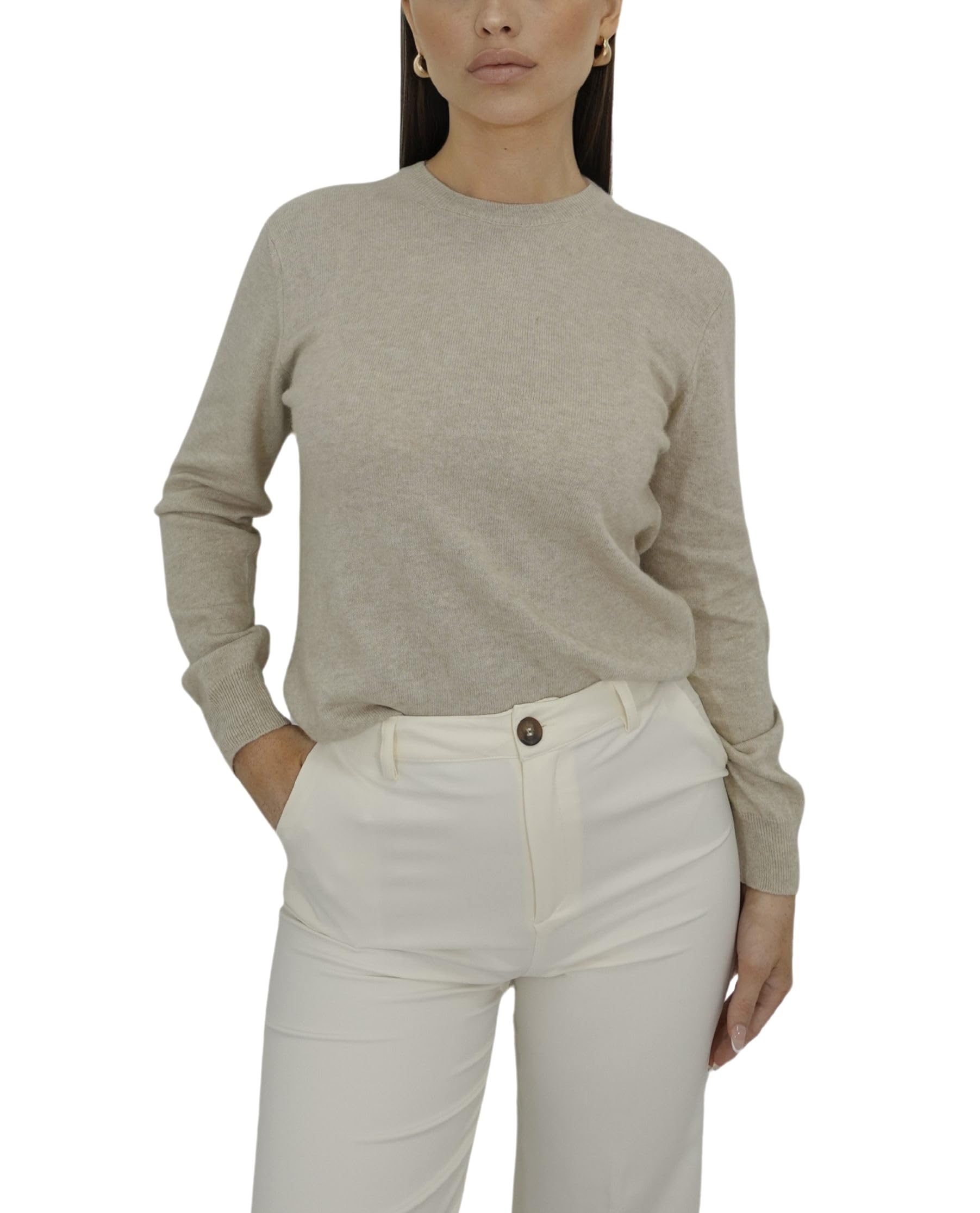 Win's Cashmere Round Neck Sweater for Women, Made in Italy, Beige (5042), XL