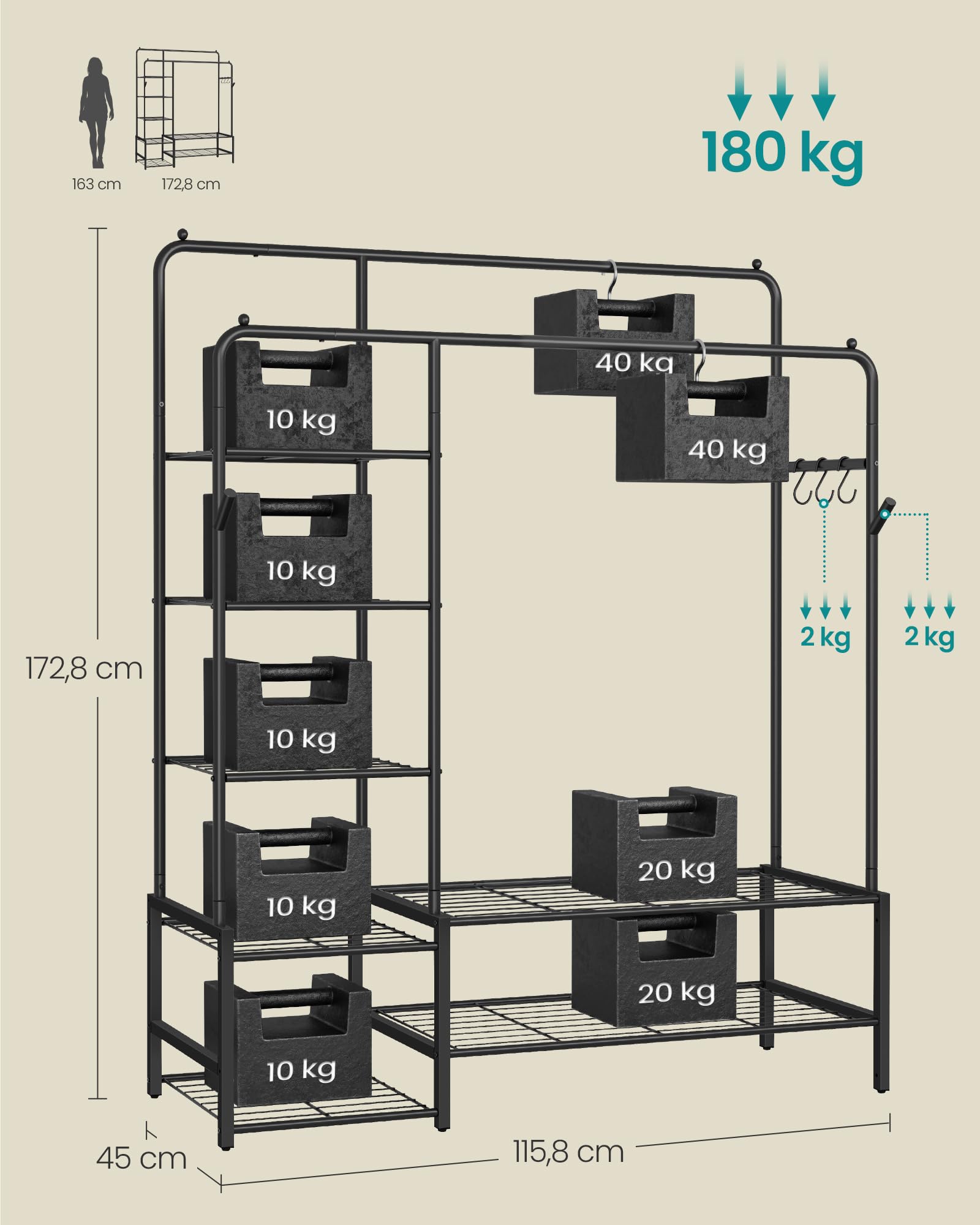 SONGMICS Portant à Vêtements, Armoire Penderie Ouverte, Porte-manteau avec 7 Étagères, Cadre en Métal, Tringles, pour Chambre, Salon, Entrée, Noir HSR182B01