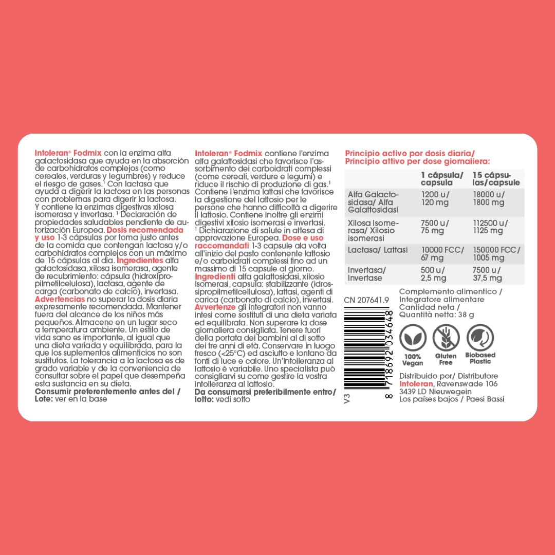 Intoleran Fodmix (Quatrase 10.000) Enzymes digestives - 108 gélules | Complément alimentaire hautement dosé pour l'intolérance au FODMAP, Aide à digérer le lactose et les glucides complexes