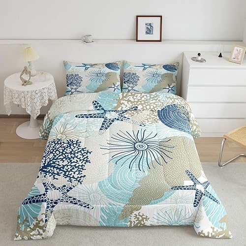 Erosebridal Juego de edredón de estrellas de mar, ropa de cama de animales costeros para niños y niñas, juegos de edredón de conchas de playa,