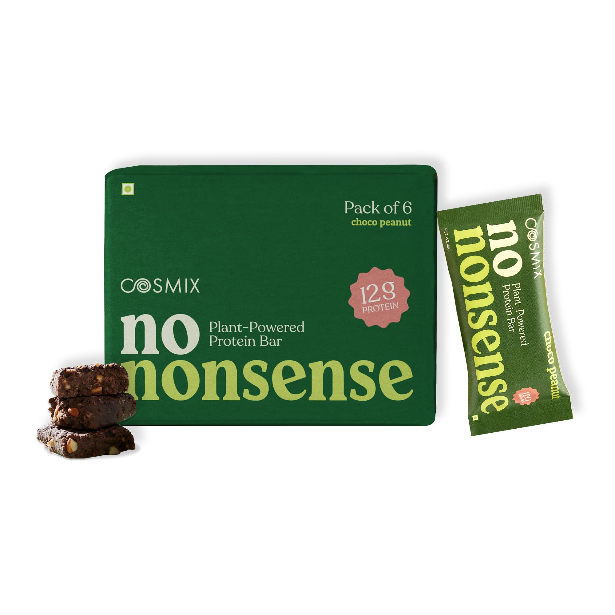Cosmix No-Nonsense Protein Bar | Choco Peanut | 12g Complete Plant Protein + 6g Fibre | No Added Sugar or Preservatives | Gluten & Lactose-Free, Gut-Friendly | 45g Bar | Pack of 6