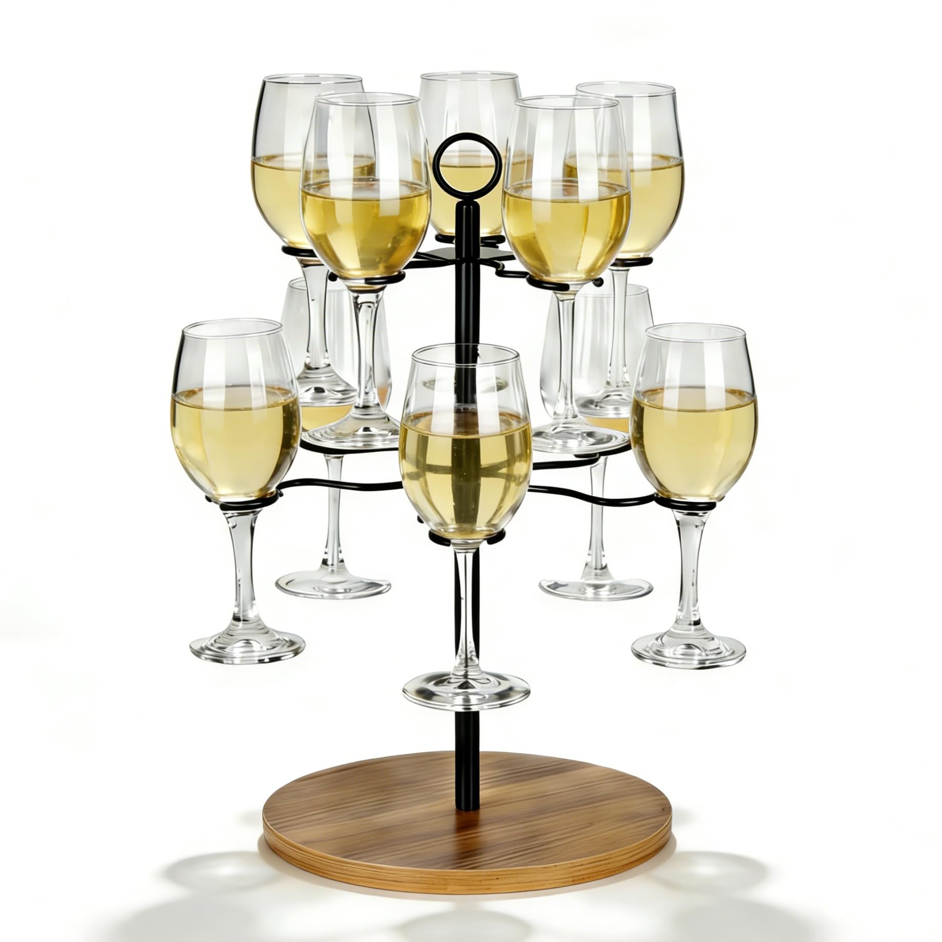 Getränke Tower für 10 Gläser, Getränketurm für Party Buffet, 2-stufiger Servierbaum mit Holzsockel für Weingläser Aperolgläser Champagnergläser, H 42 cm