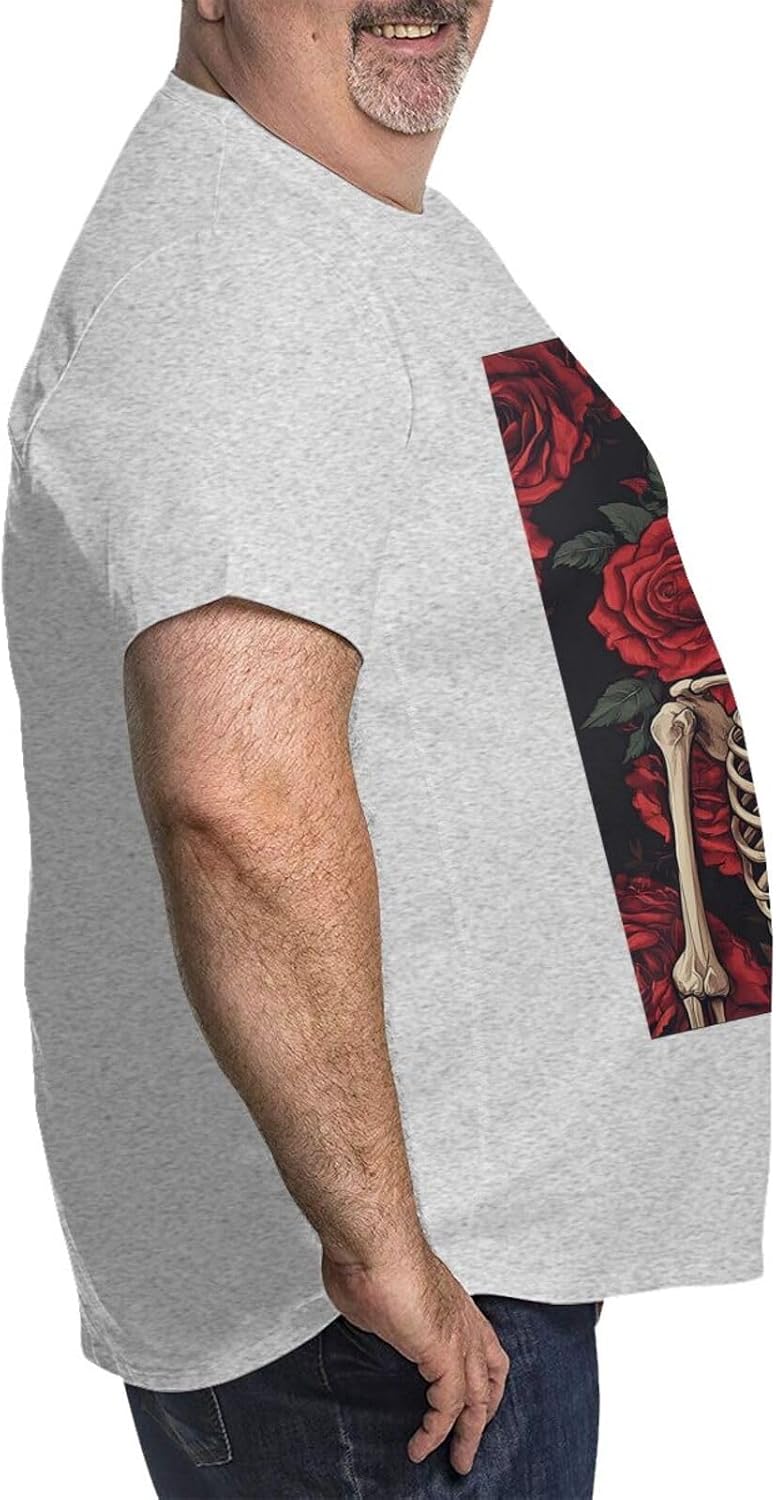 T-Shirt Plus Size Heavyweight T Shirt for Men Big and Tall Tshirts | Skeleton With Roses Oversized Tshirts For Men Short Sleeve Upf 50+ Sun Protection T-Shirt For Casual & Daily Wear