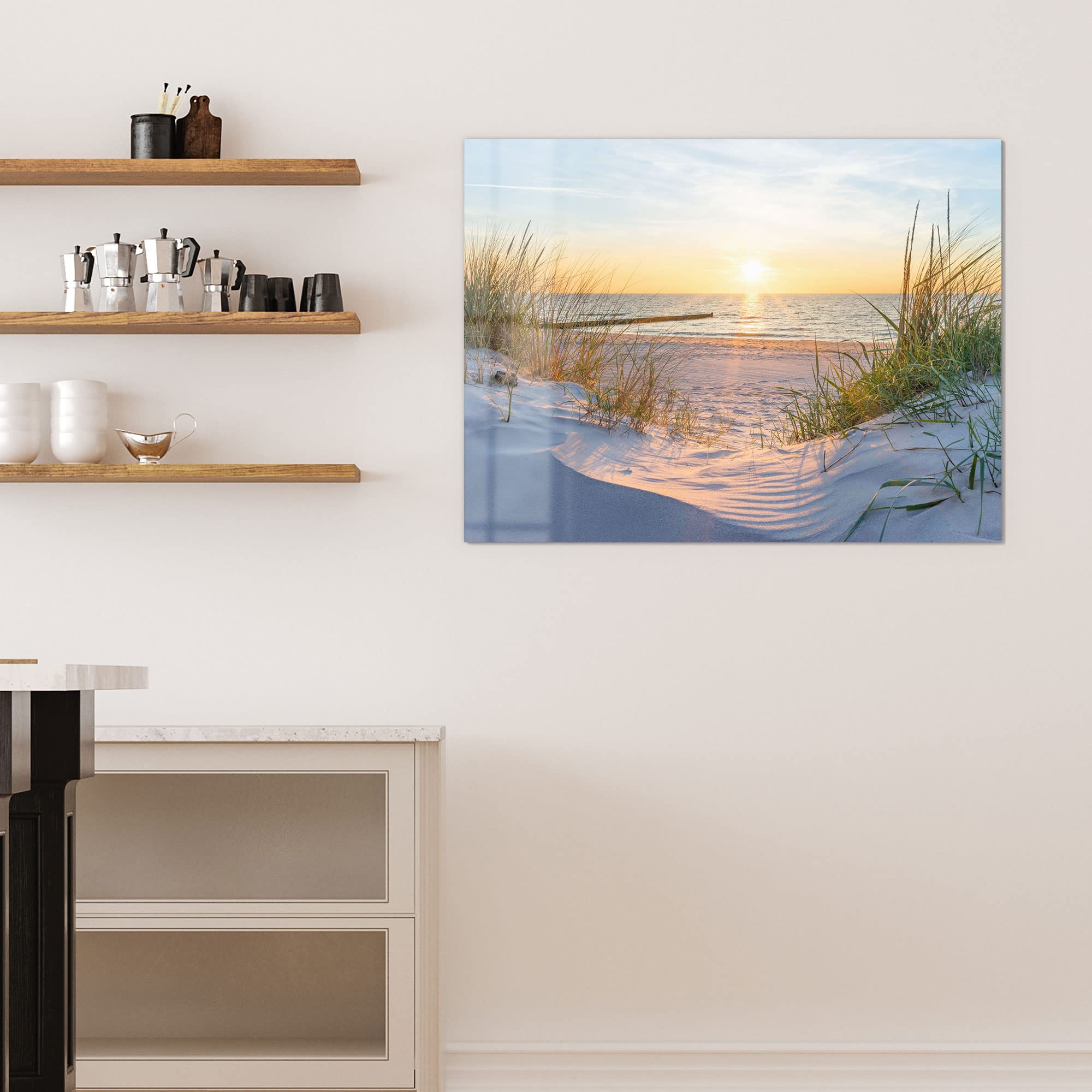 DEQORI Szklana tablica magnetyczna, wymiary 120 x 90 cm, motyw "Wieczne słońce nad Morzem Bałtyckim", tablica memo ze szkła, tablica magnetyczna z magnesami, pisakiem i chusteczką do kuchni i biura, tablica magnetyczna i do pisania