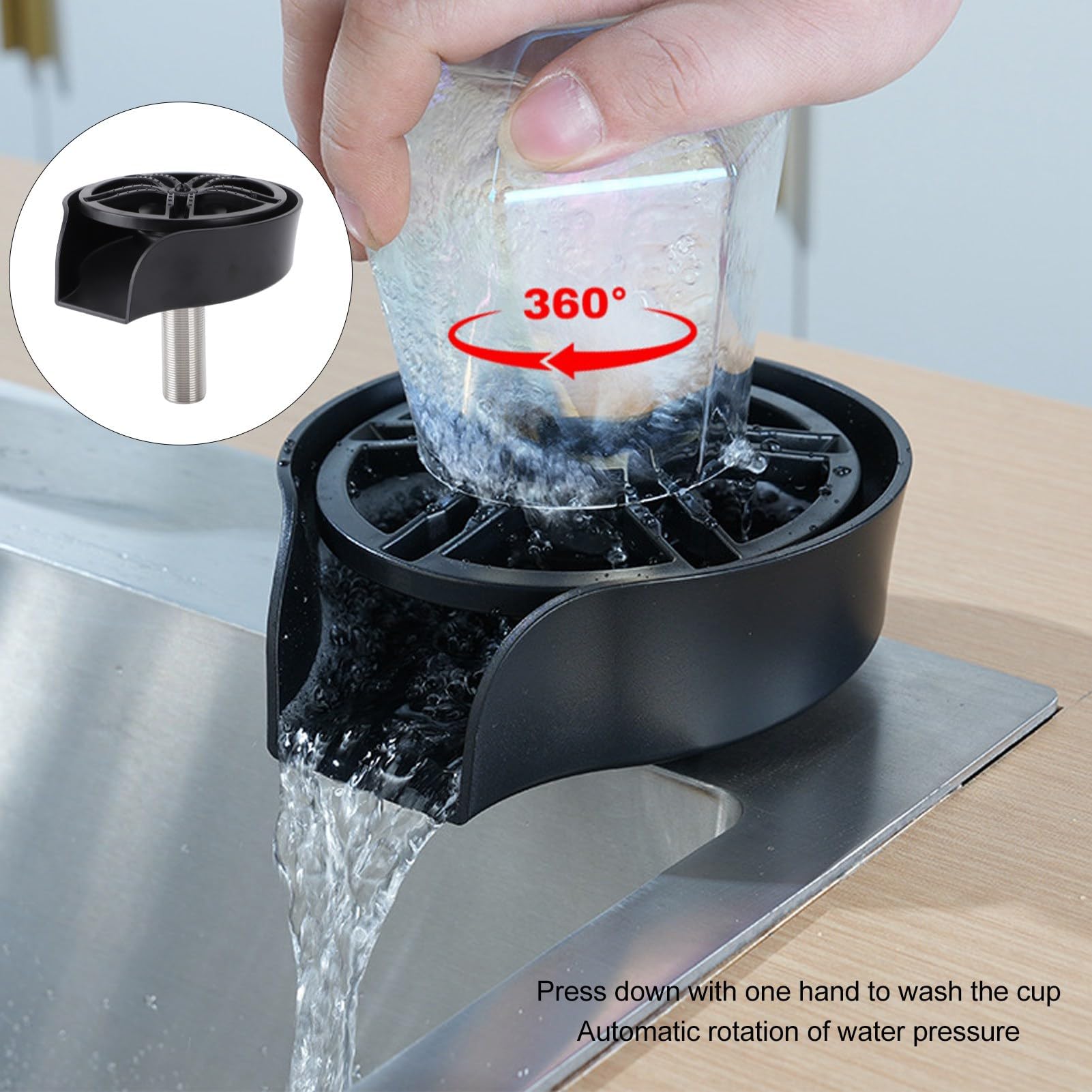 TOPINCN Enjuague automático de vidrio, lavabos para fregadero de cocina, acero inoxidable, limpiador de tazas, accesorio de enjuague para fregadero de cocina (manguera negra tipo 9/16 de EE. UU.)