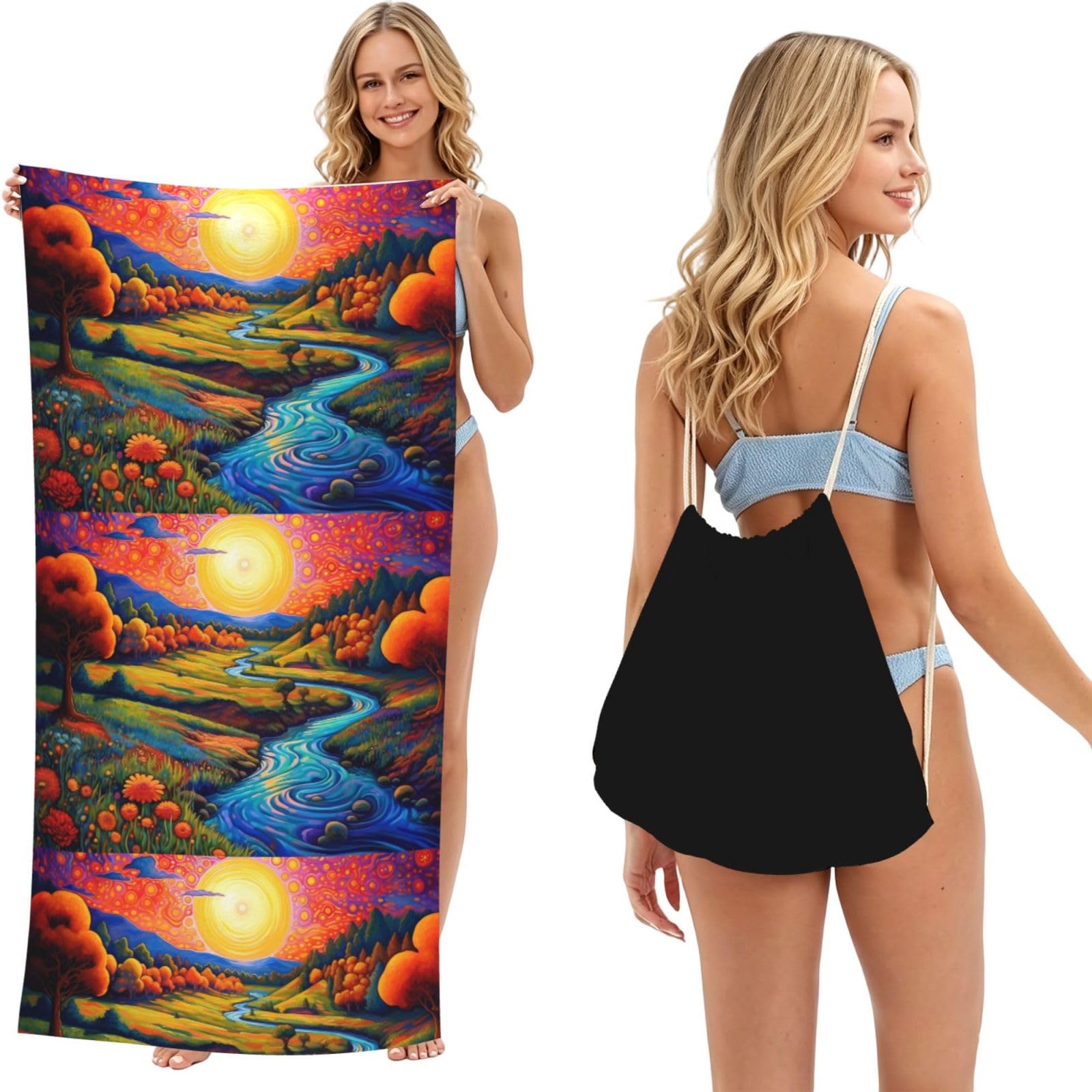 SKGOHLH Forest painting 2in1 Packable Beach Towel Bag Women