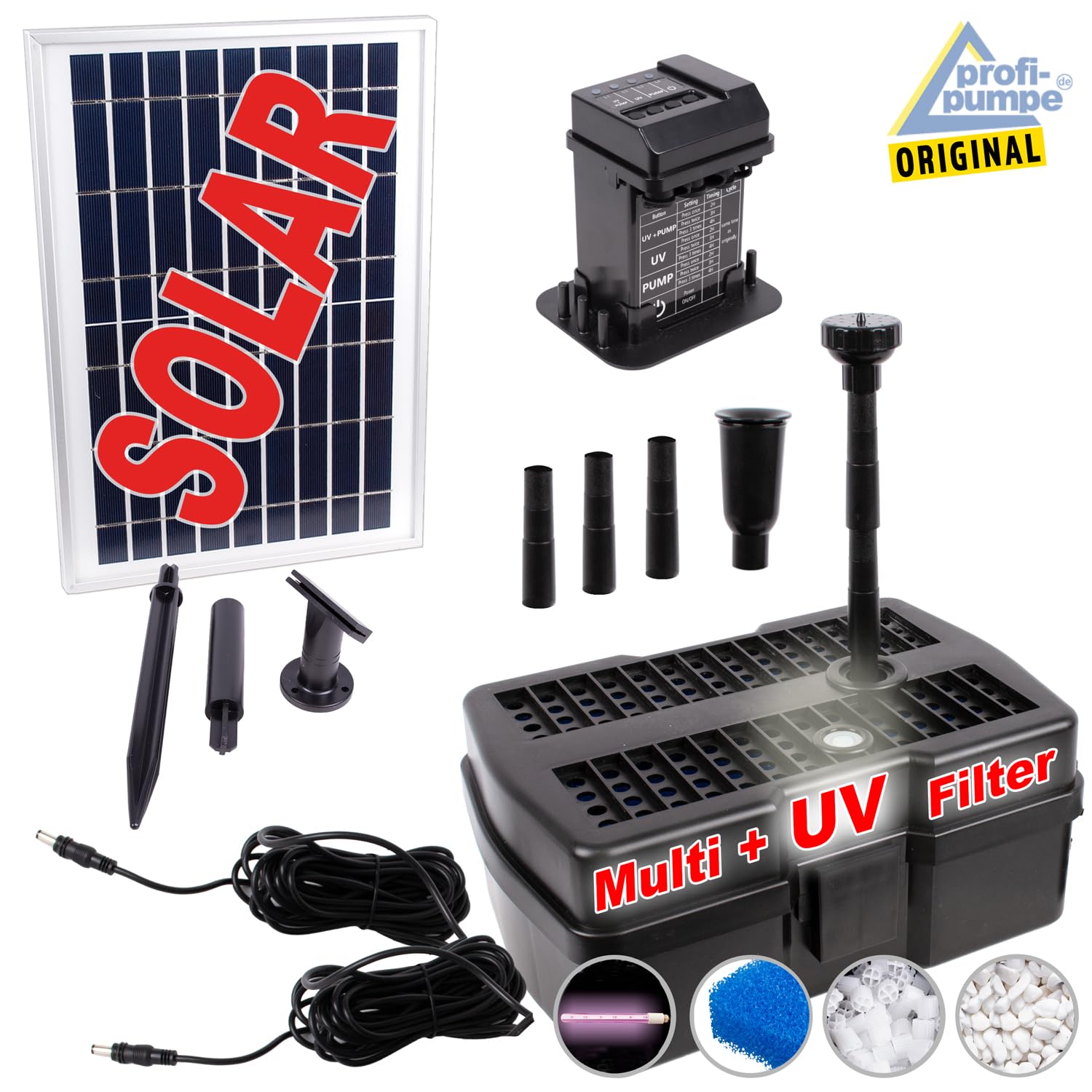 AMUR Kit Pompe Fontaine Solaire de Bassin avec Bac de Filtration UV Anti-Algues, Batterie Li-ion, Panneau Solaire Cadre Alu Robuste (Aqua-vital 9-uv-c)