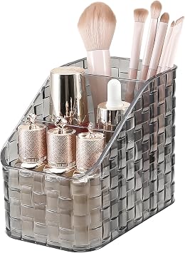DASITON Makeup Brush Holder Organizer, 3 Slots Acrylic Makeup Brushes Storage Cup, Woven Texture Make Up Brush Holder for Vanity Bathroom Office, Pen Holder for Desk, Cosmetic Display Cases Grey M