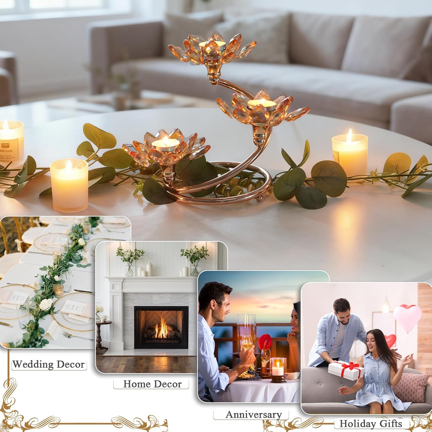 Gold 2 Pcs Crystal Flower Shaped Candle Holder Set, 3-Arm Metal Votive Tea Light Candlestick for Table Centerpiece, Home Wedding Party Anniversary Decor