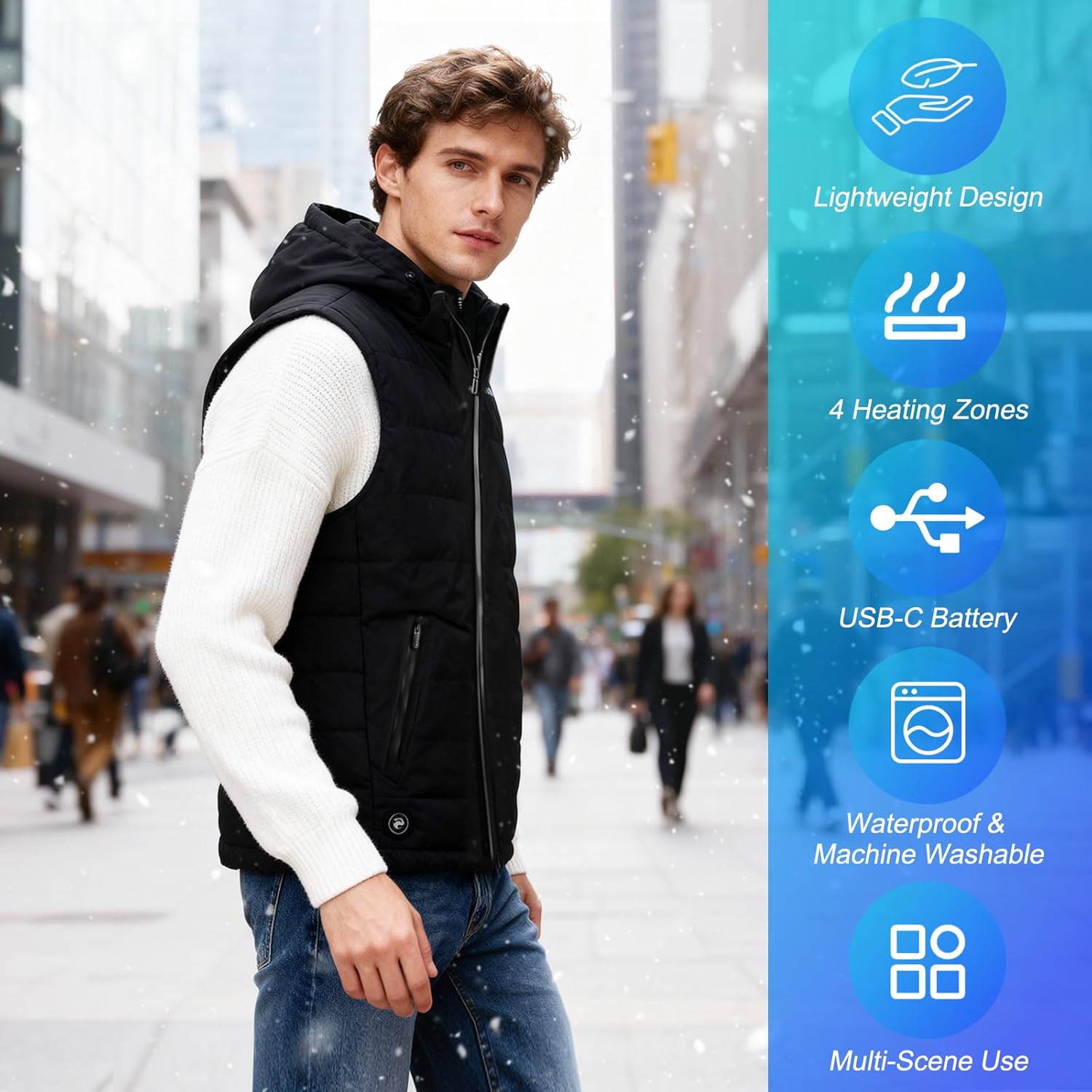 Men’s Heated Vest, 4 Heating Zones Nano-Carbon Graphene, Waterproof Lightweight Electric Heated Vest