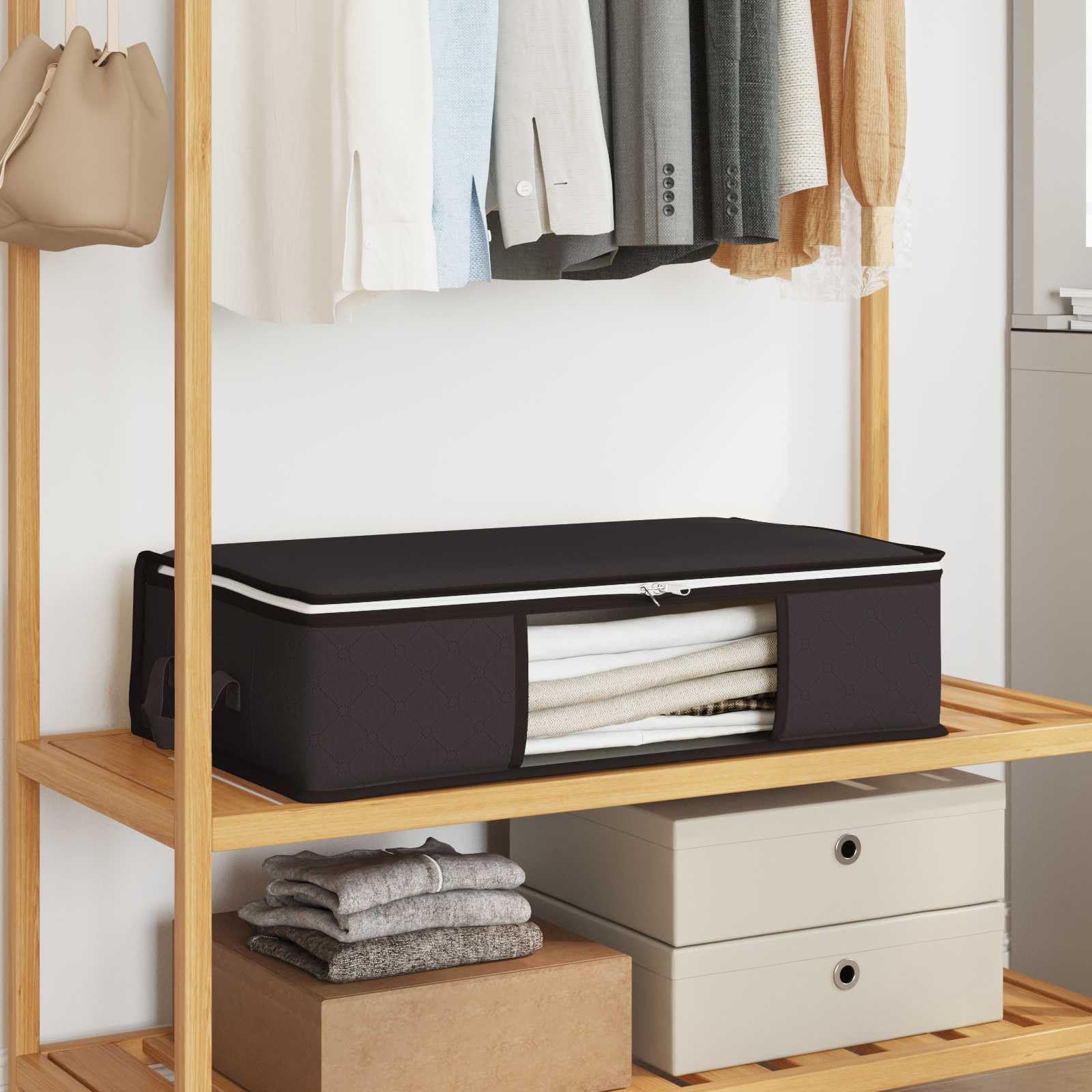 Boîte de rangement avec fenêtre transparente et poignée pour linge et couette