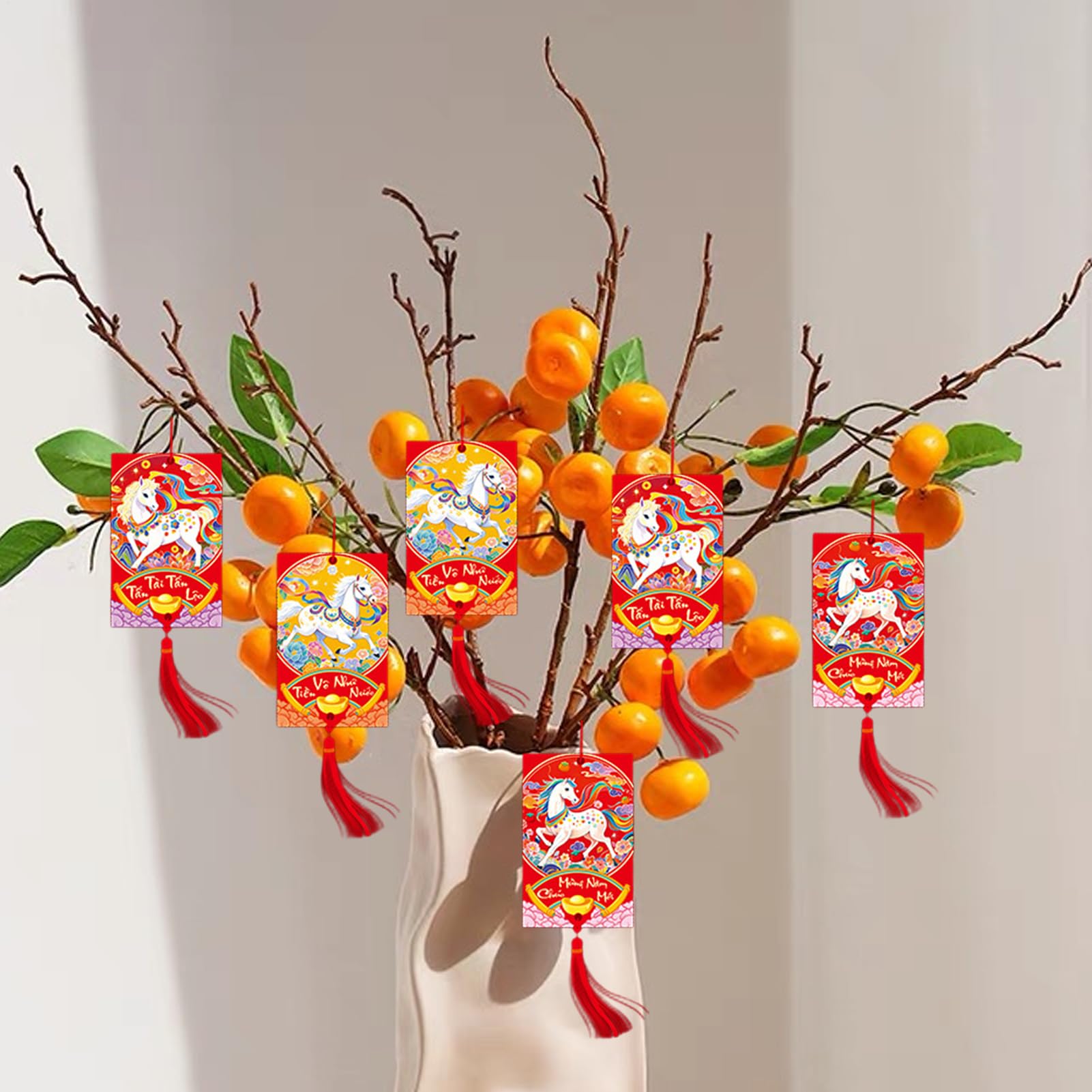 Chinese New Year Decorations,6-Piece 2026 Vietnamese Good Luck | Lunar Horse Year Paper Charm Decorations | for Holiday Home Doorway Tree Wall Door Potted Plants Party Office