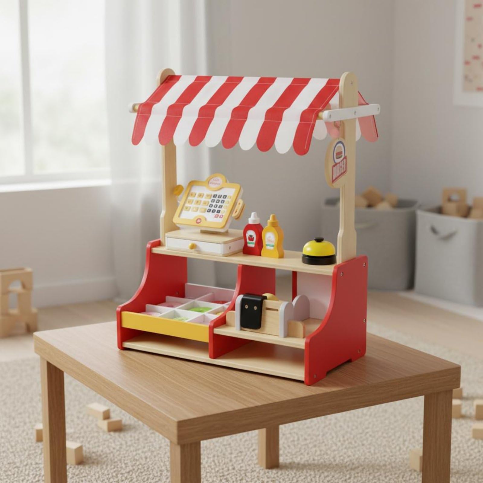 Kinder Burgerstand Holz Spielzeug Imbissstand Verkaufsstand Marktstand mit Gestreiftem Dach Kassenfach Und Saucenteilen Fördert Teilen Sprache Und