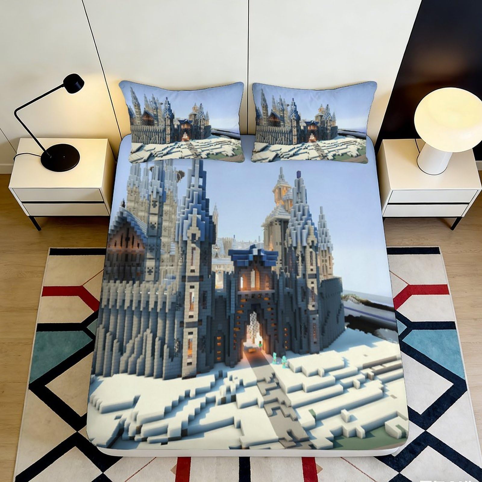 Pnayamiorkfel Style-9 3D Printed Snow Castle Fitted Sheet Microfiber Soft Breathable Pixel Art Bed Cover For Bedroom Guestroom Dorm Decor 90X200x25cm